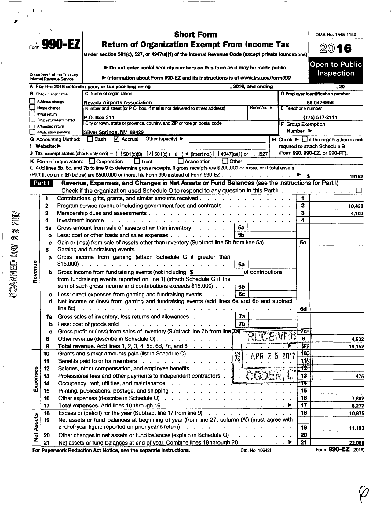 Image of first page of 2016 Form 990EO for Nevada Airports Association
