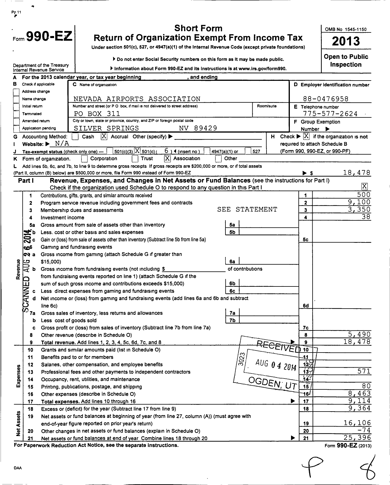 Image of first page of 2013 Form 990EO for Nevada Airports Association