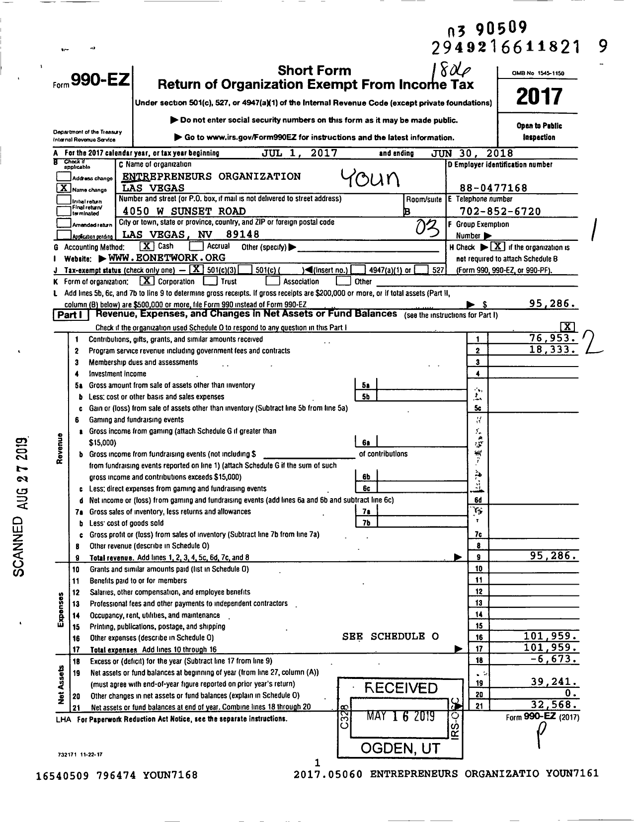 Image of first page of 2017 Form 990EZ for Young Entrepreneurs' Organization - Las Vegas Chapter