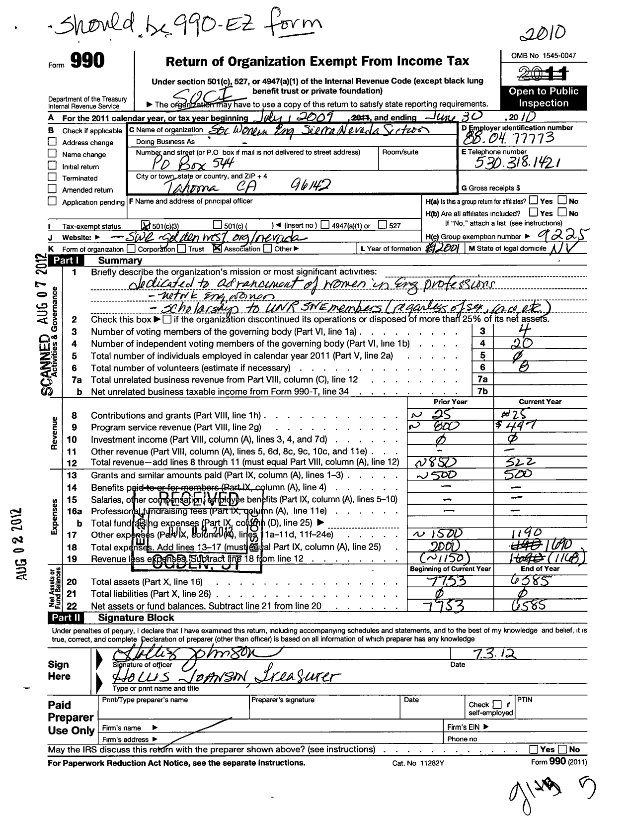 Image of first page of 2009 Form 990 for Society of Women Engineers / Sierra Nevada Section