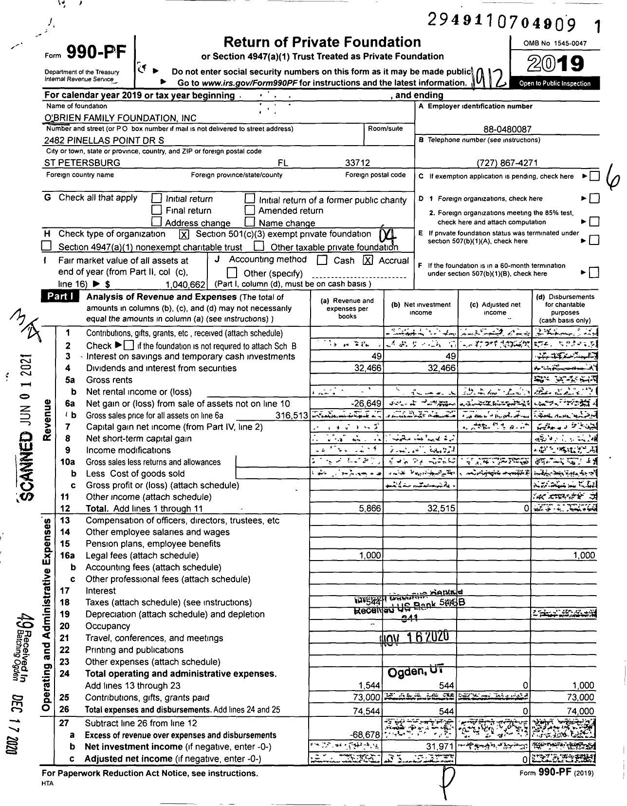 Image of first page of 2019 Form 990PF for O'Brien Family Foundation