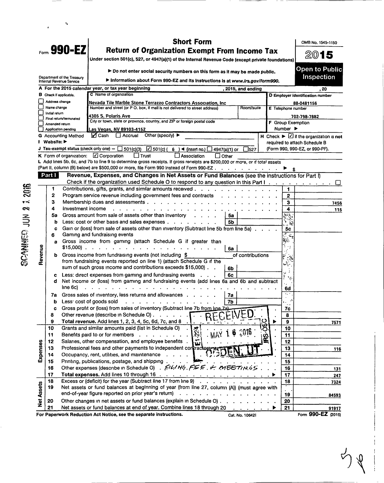 Image of first page of 2015 Form 990EO for Nevada Tile Marble Stone and Terrazzo Contractors Association