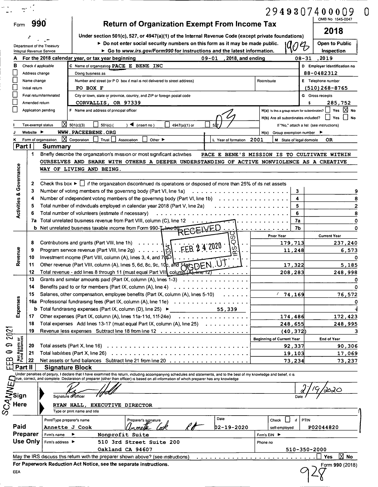 Image of first page of 2018 Form 990 for Pace E Bene