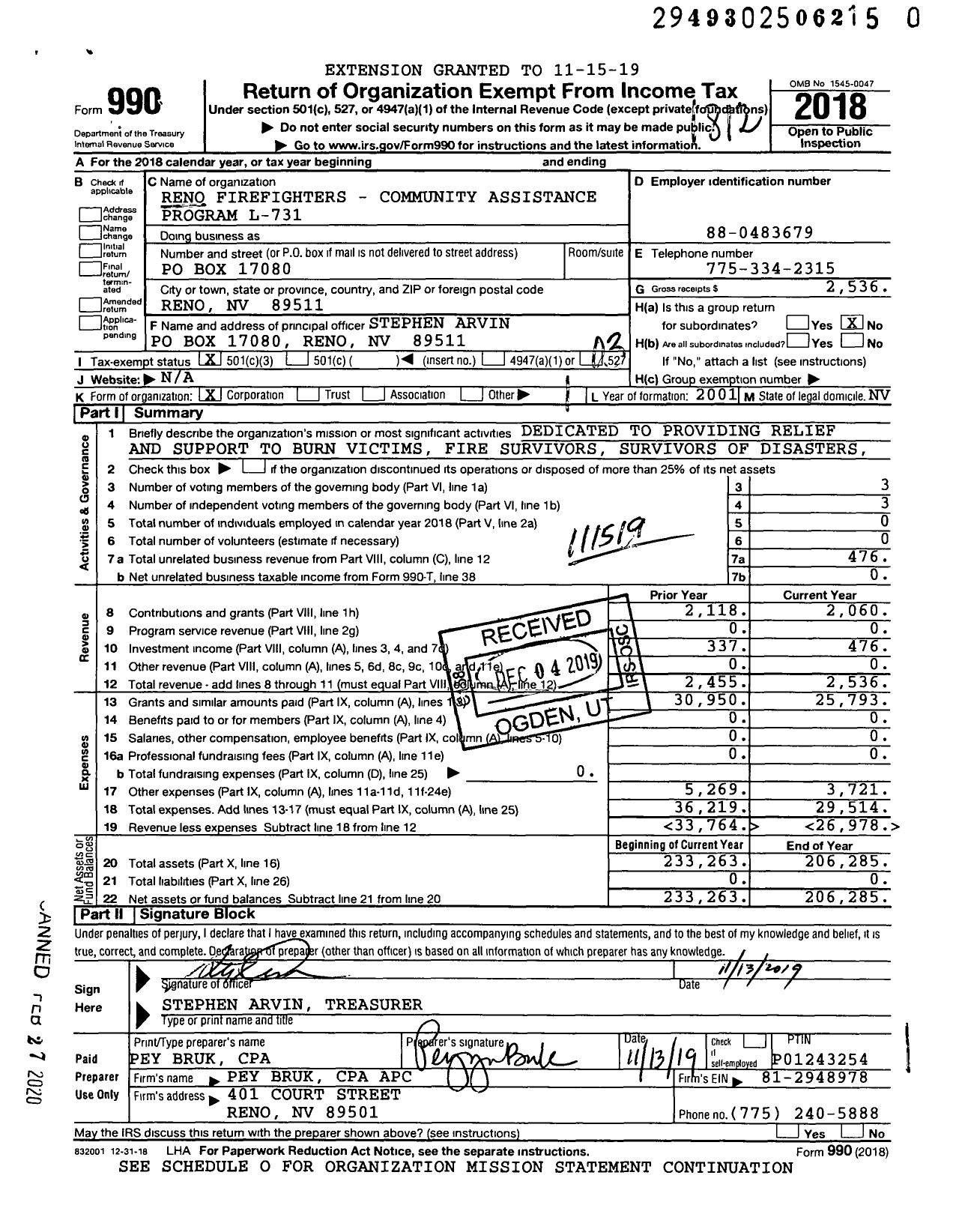 Image of first page of 2018 Form 990 for Reno Firefighters - Community Assistance Program L-731