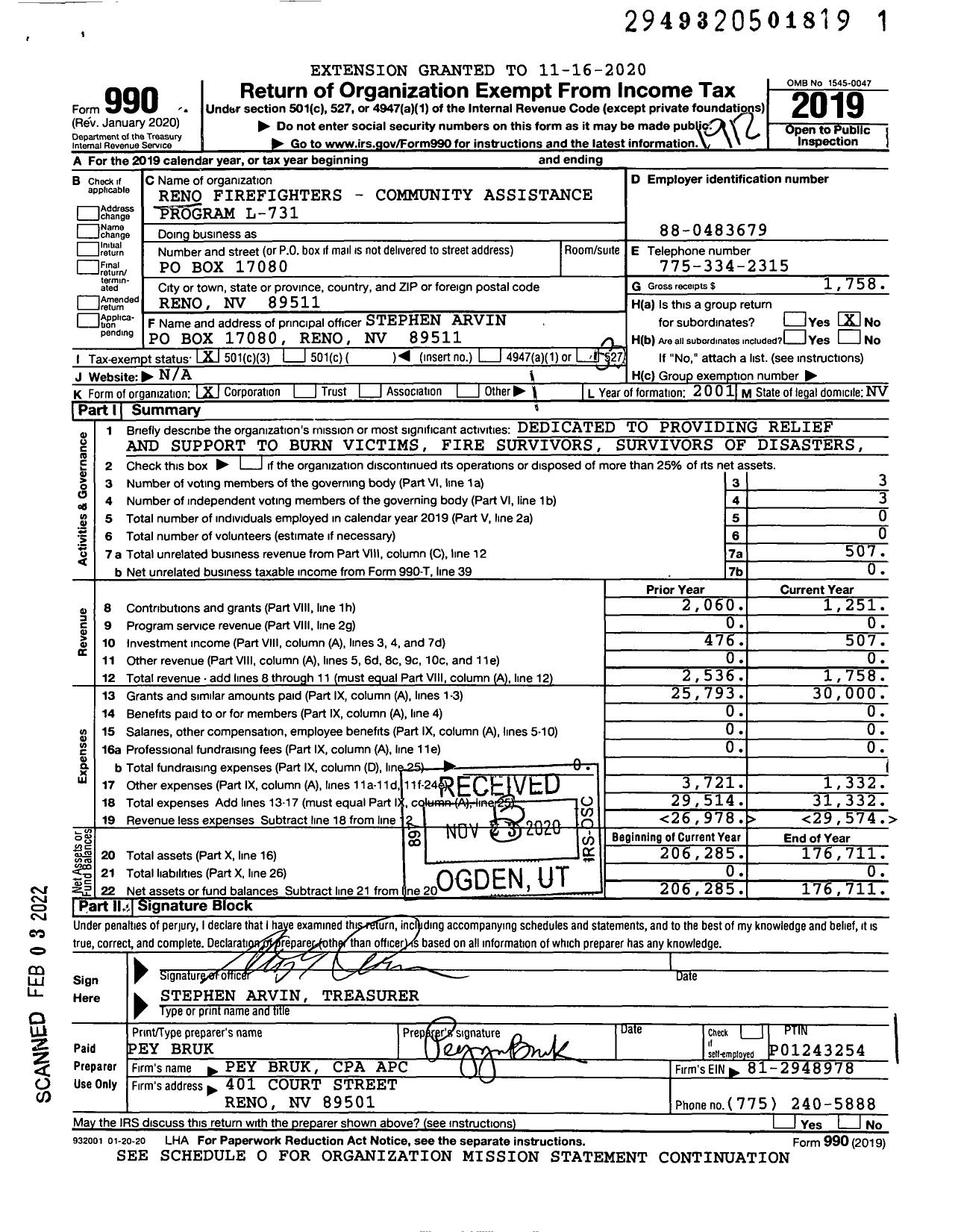 Image of first page of 2019 Form 990 for Reno Firefighters - Community Assistance Program L-731