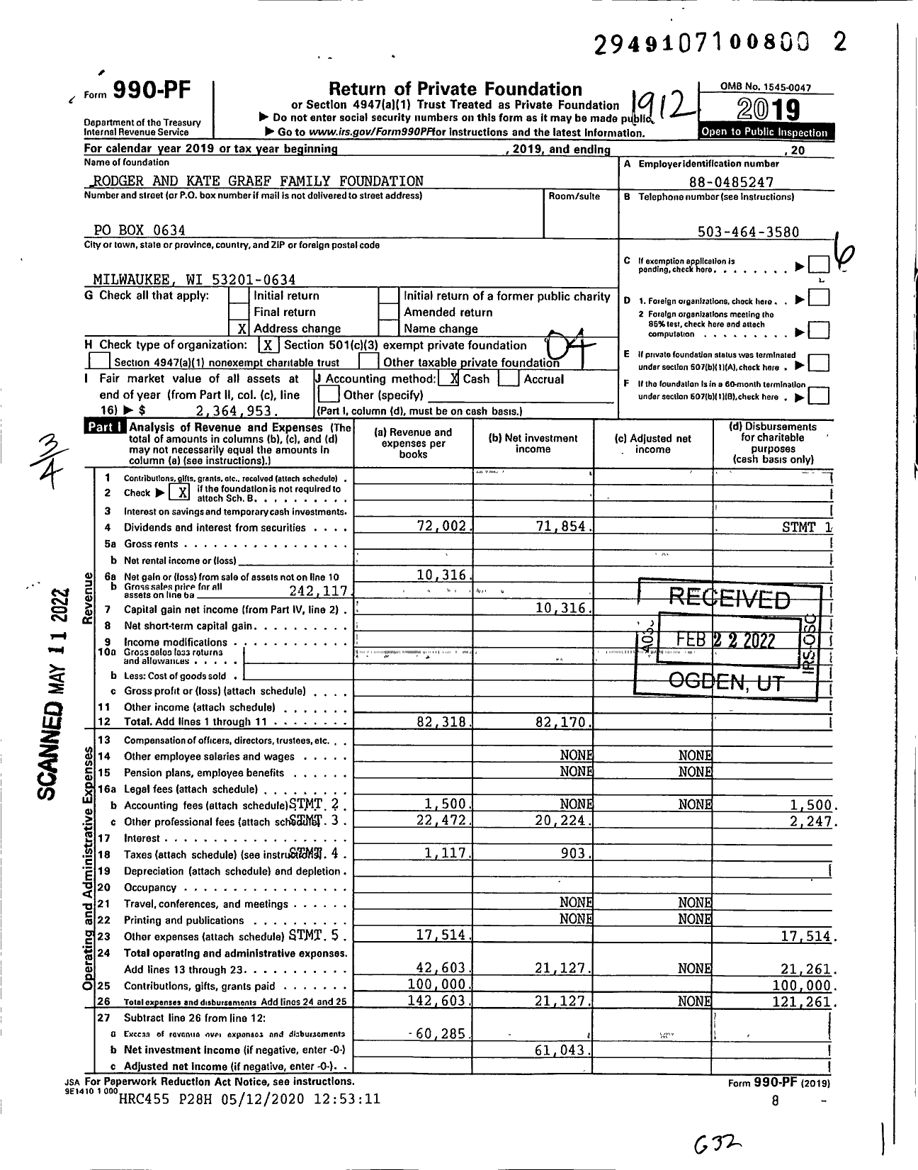 Image of first page of 2019 Form 990PF for Rodger and Kate Graef Family Foundation