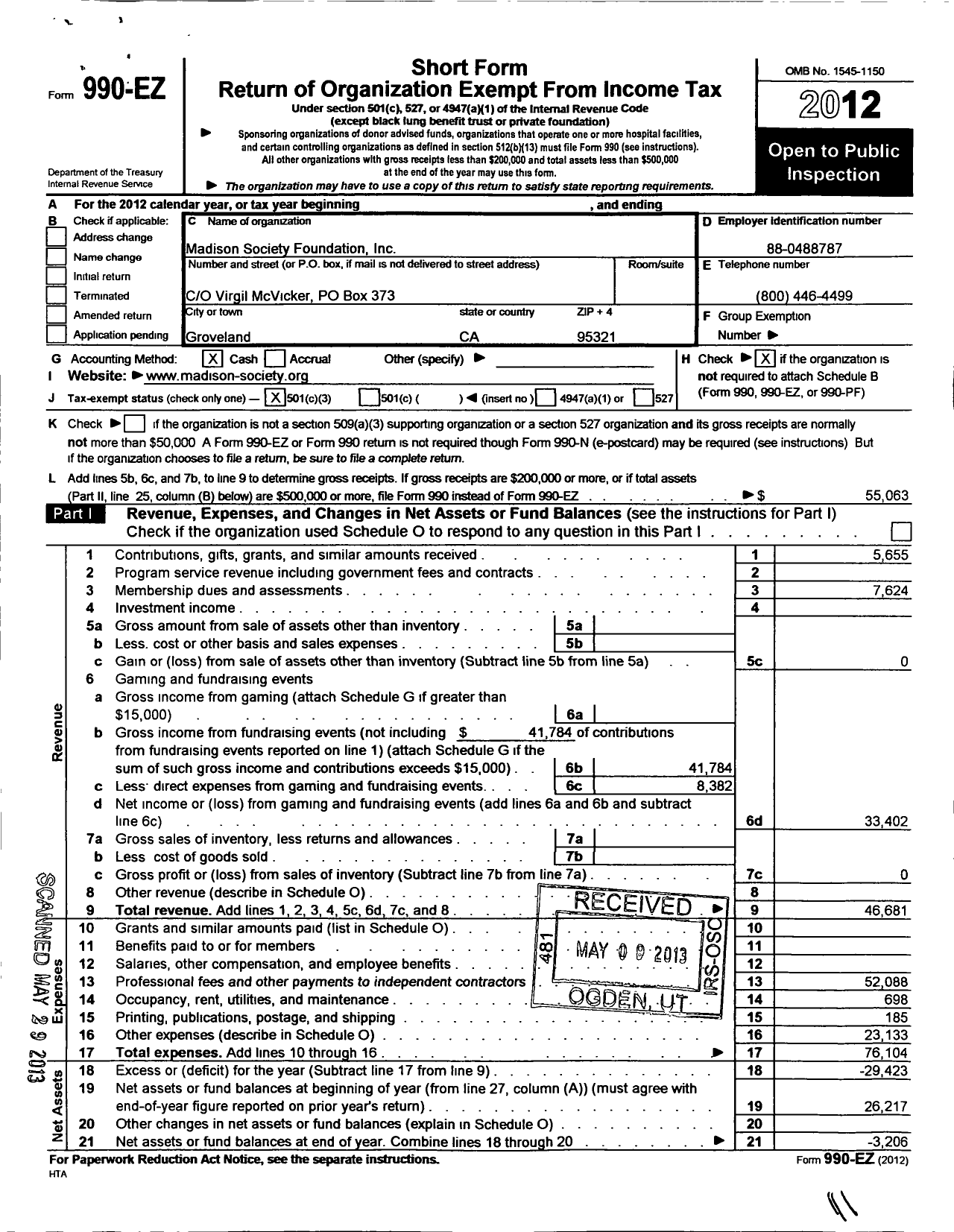 Image of first page of 2012 Form 990EZ for Madison Society Foundation