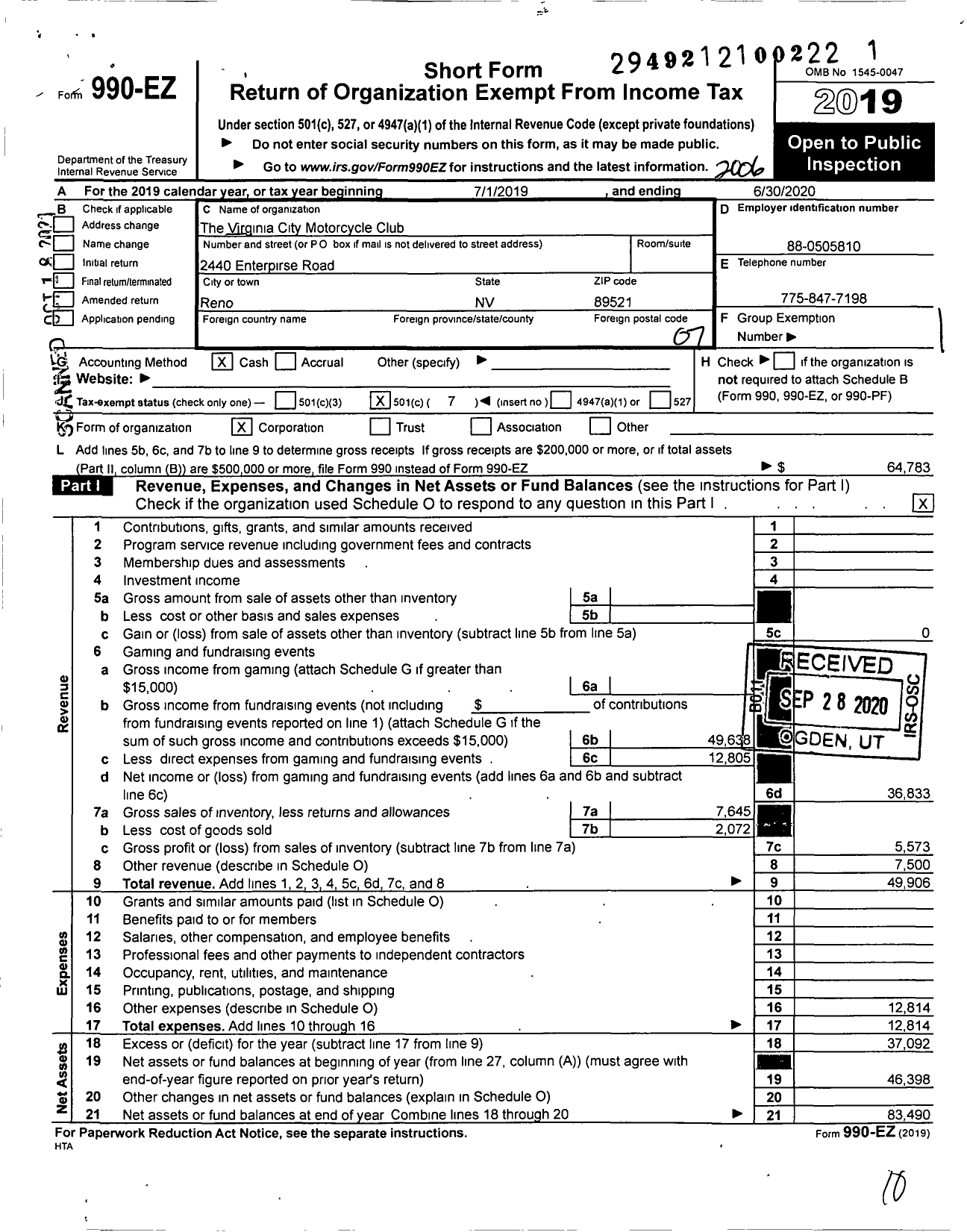 Image of first page of 2019 Form 990EO for Virginia City Motorcycle Club