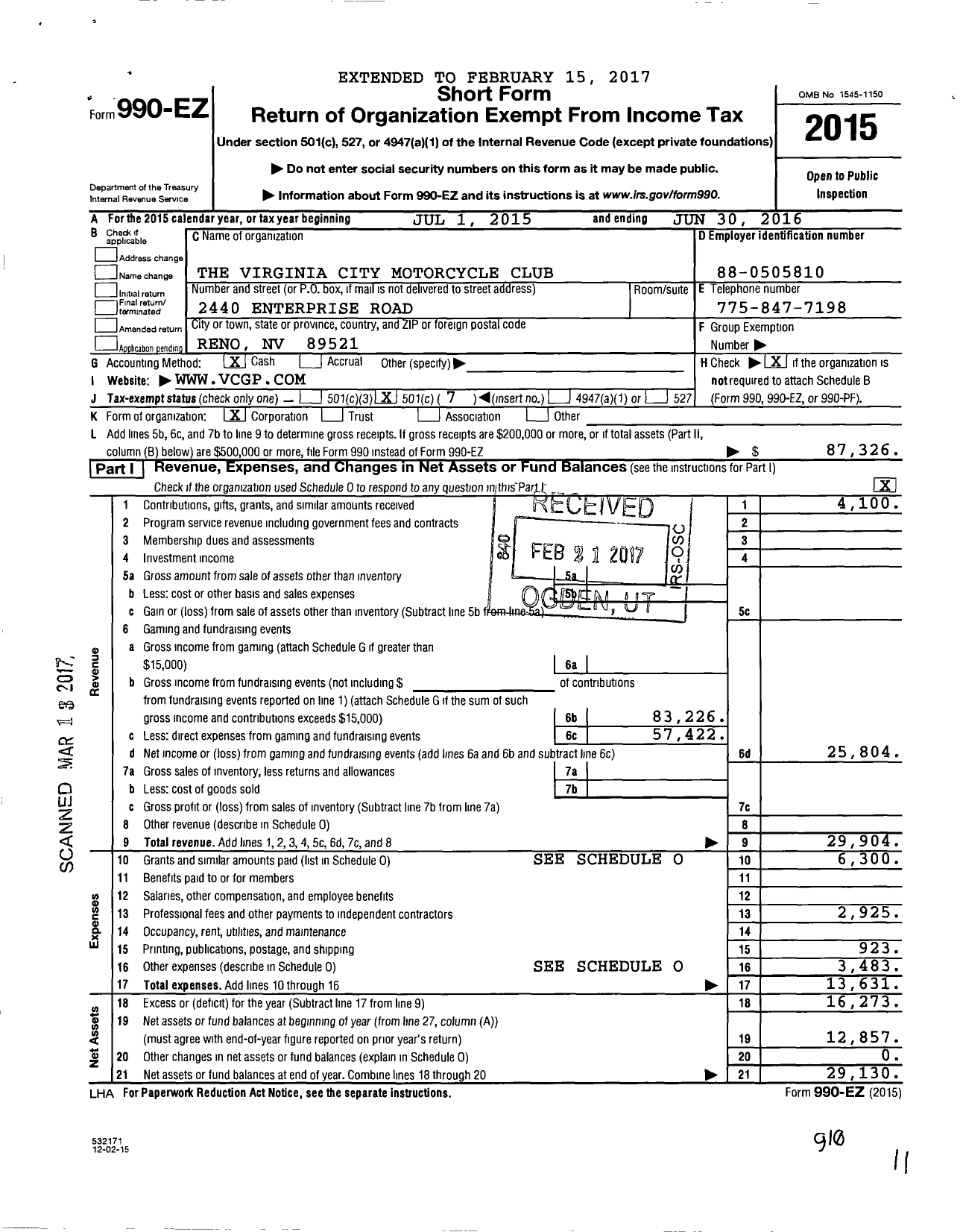 Image of first page of 2015 Form 990EO for Virginia City Motorcycle Club