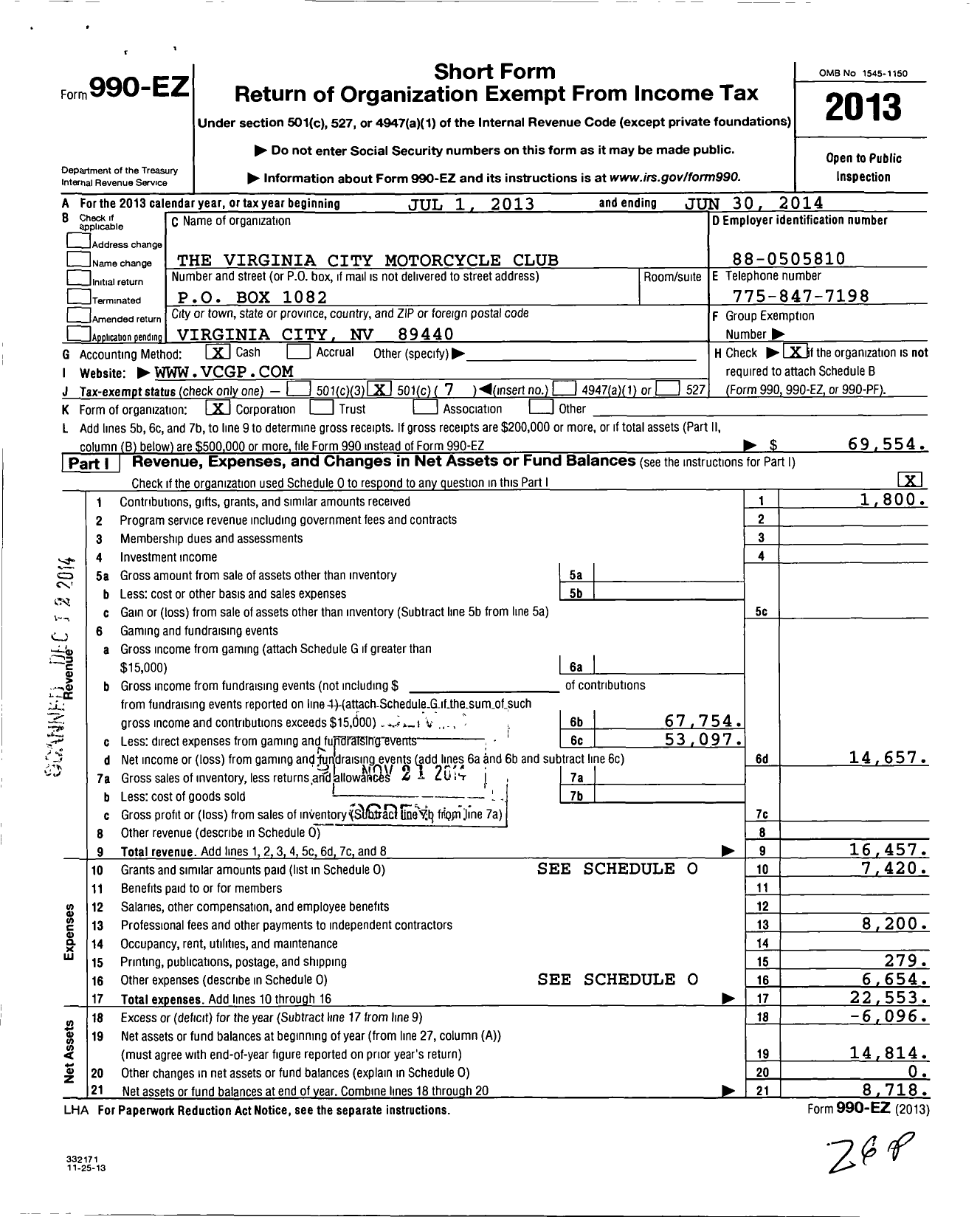 Image of first page of 2013 Form 990EO for Virginia City Motorcycle Club