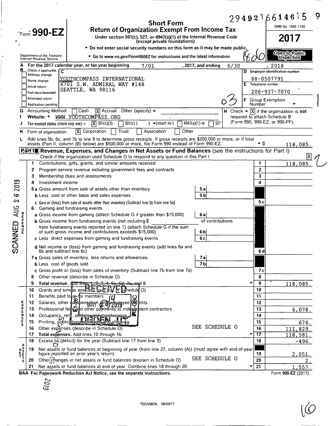 Image of first page of 2017 Form 990EZ for Youthcompass International