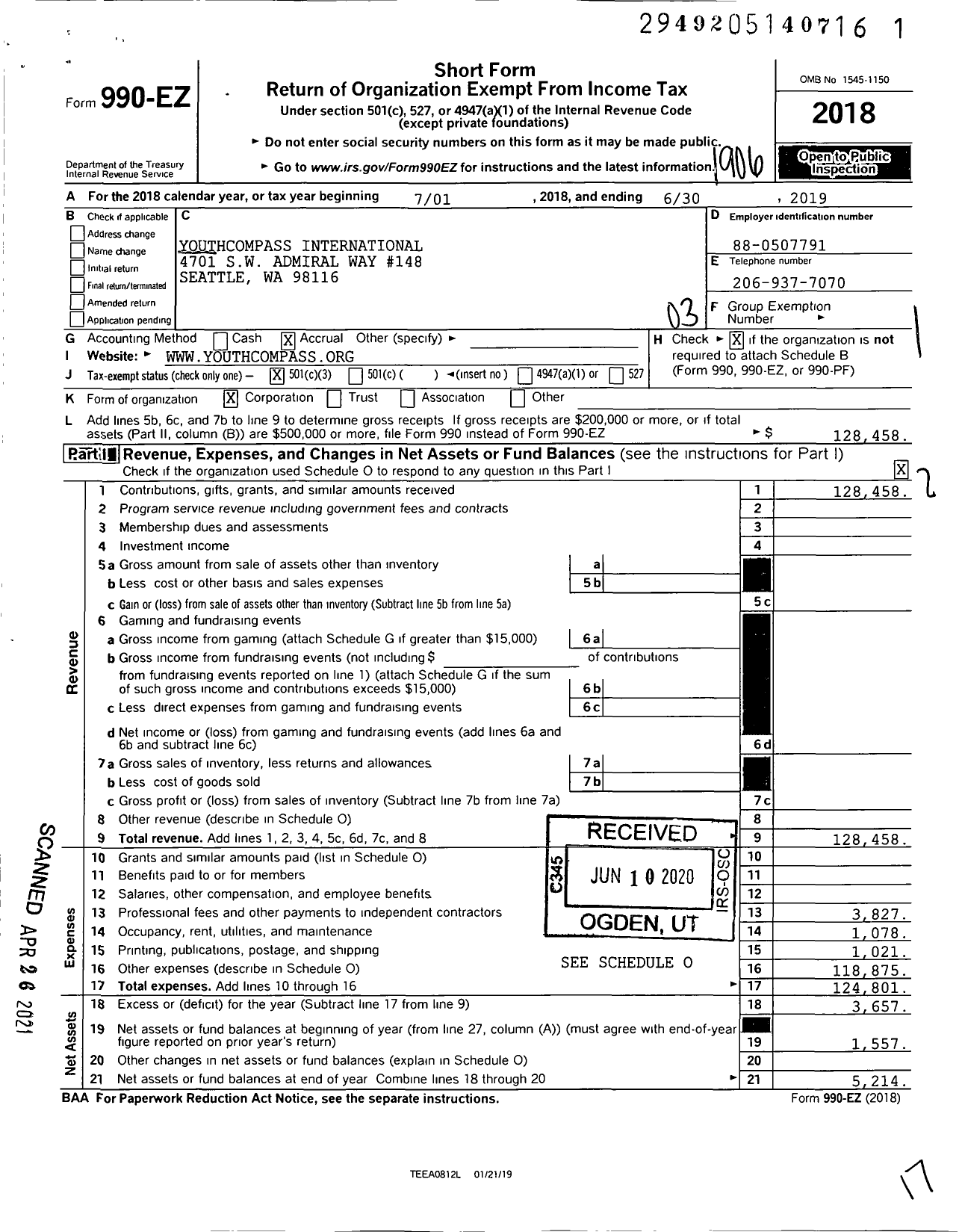 Image of first page of 2018 Form 990EZ for Youthcompass International