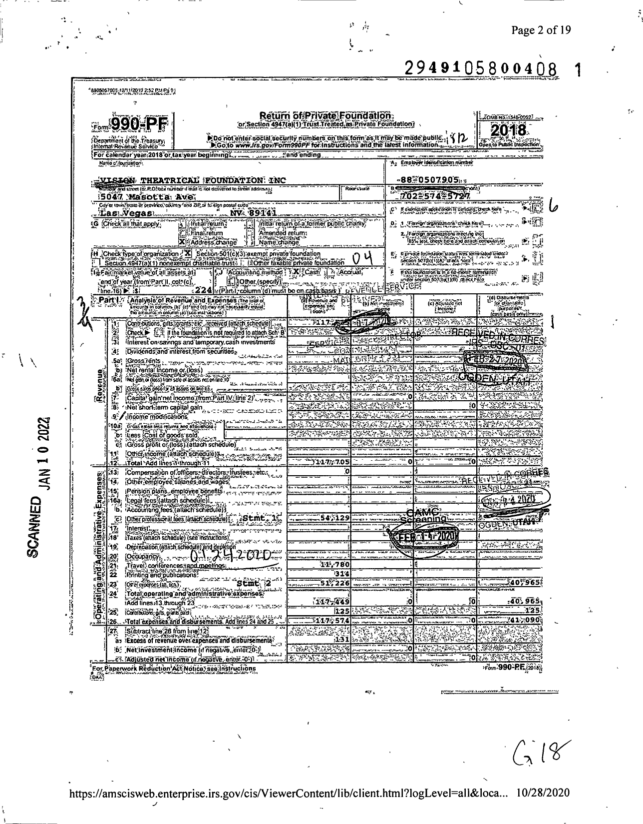 Image of first page of 2018 Form 990PF for Vision Theatrical Foundation