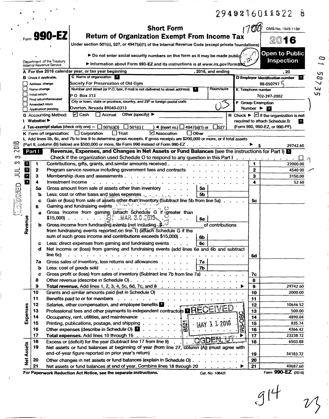 Image of first page of 2016 Form 990EZ for Society for the Preservation of the Old Overton Gymnasium