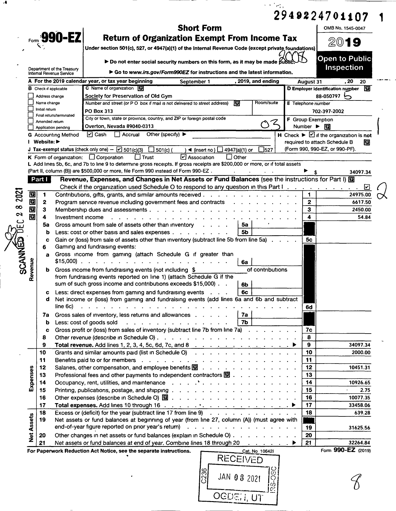 Image of first page of 2019 Form 990EZ for Society for the Preservation of the Old Overton Gymnasium