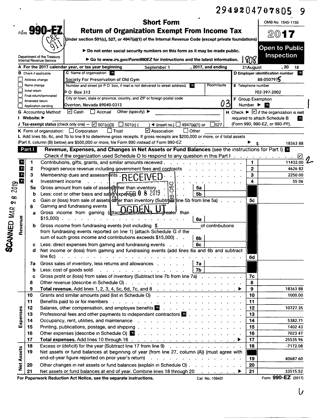 Image of first page of 2017 Form 990EZ for Society for the Preservation of the Old Overton Gymnasium