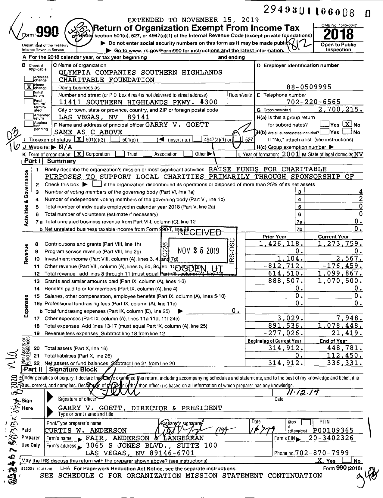 Image of first page of 2018 Form 990 for Olympia Companies Southern Highlands Charitable Foundation