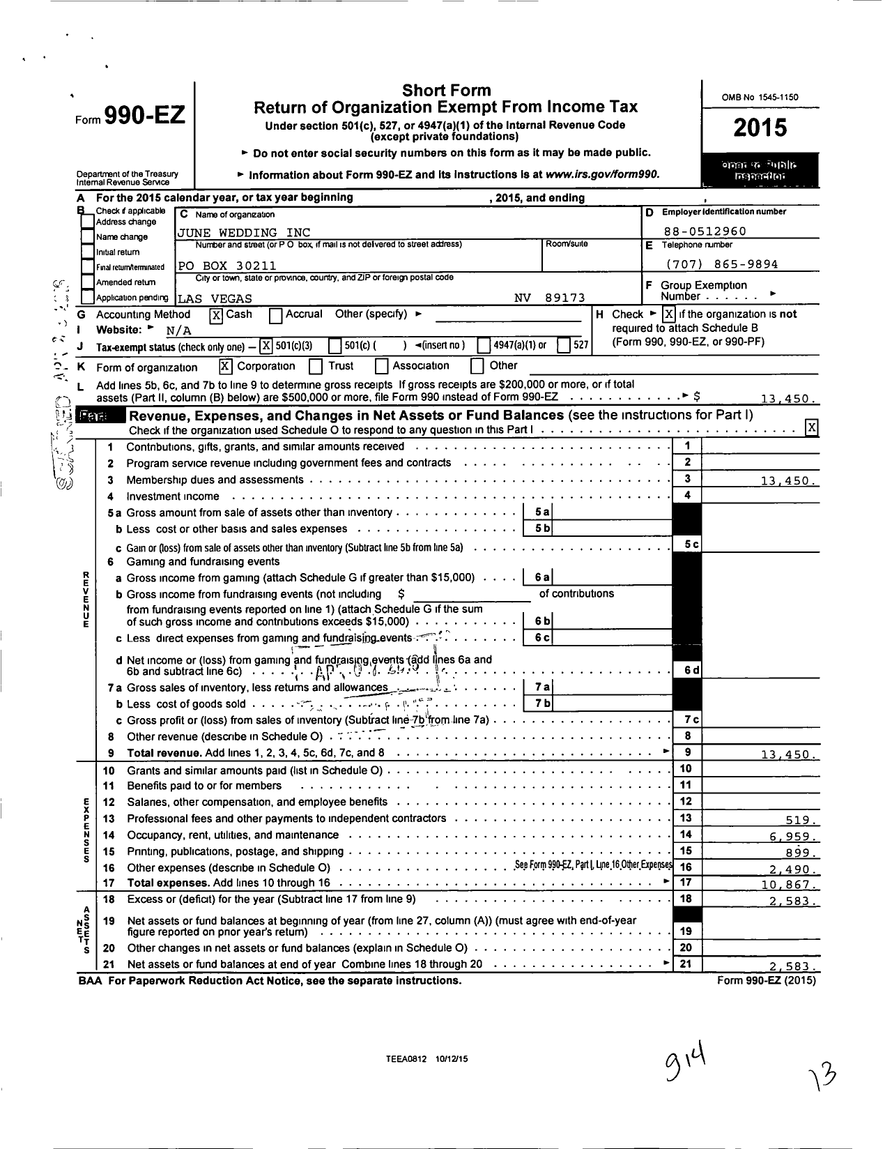 Image of first page of 2015 Form 990EZ for June Wedding