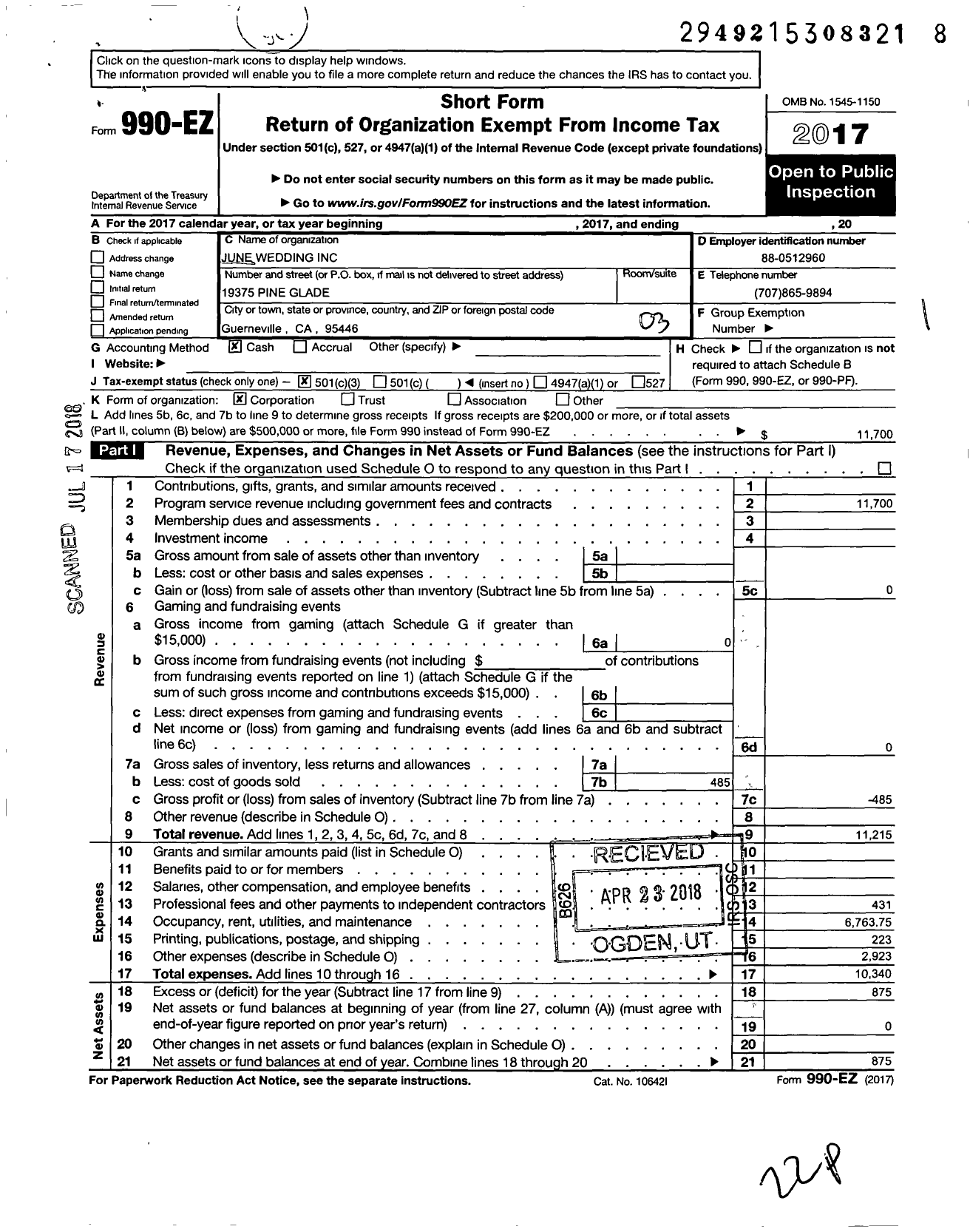 Image of first page of 2017 Form 990EZ for June Wedding