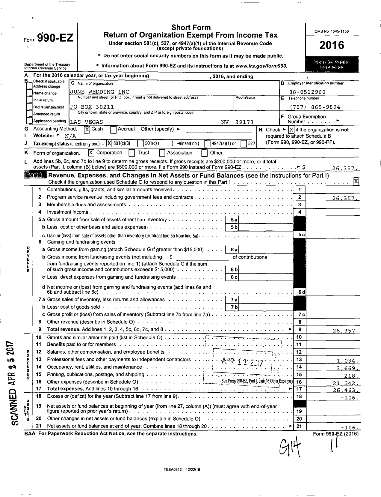 Image of first page of 2016 Form 990EZ for June Wedding