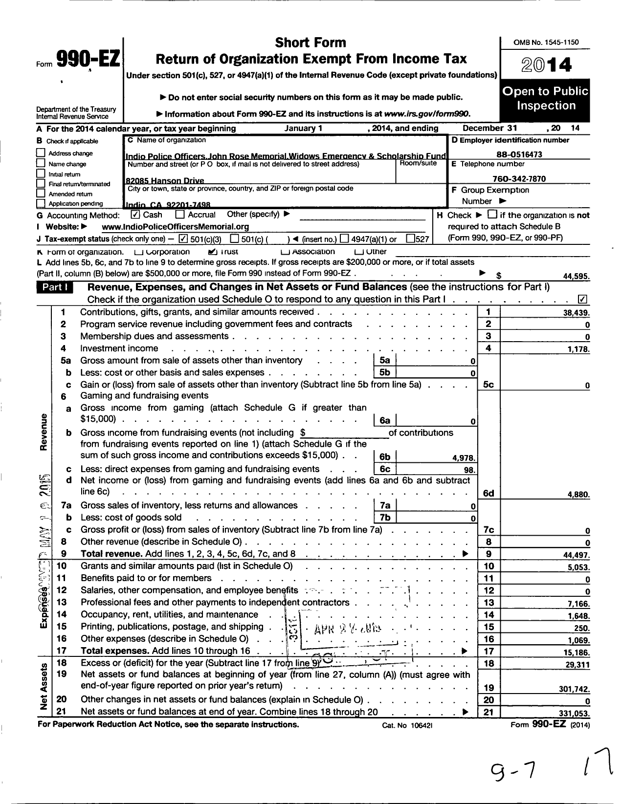 Image of first page of 2014 Form 990EZ for Indio Police Officers John Rose Memorial Widows Emergency and Scholarship Fund