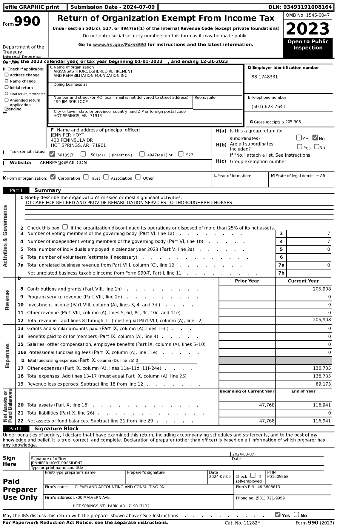 Image of first page of 2023 Form 990 for Arkansas Thoroughbred Retirement and Rehabilitation Foundation