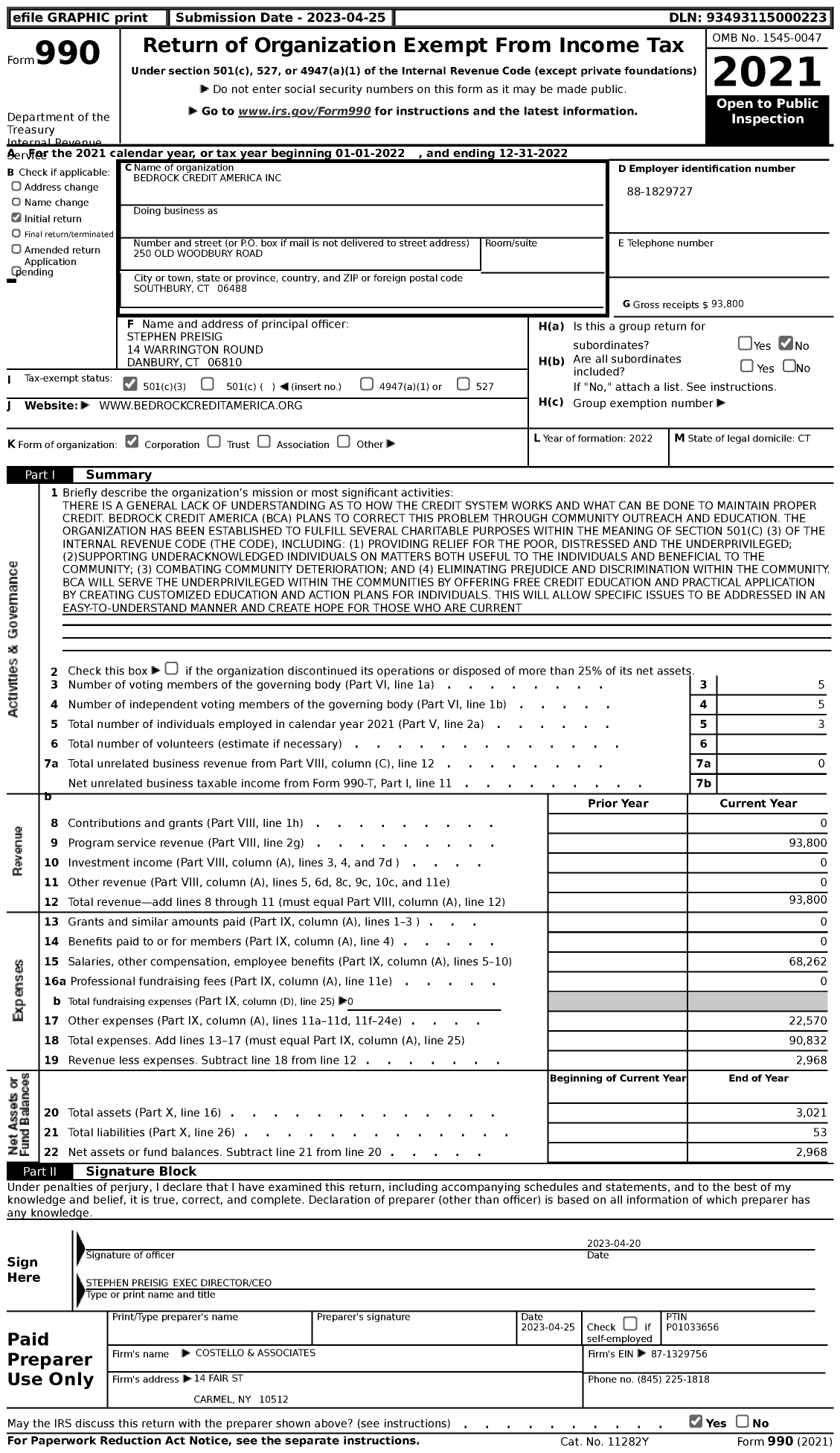 Image of first page of 2022 Form 990 for Bedrock Credit America