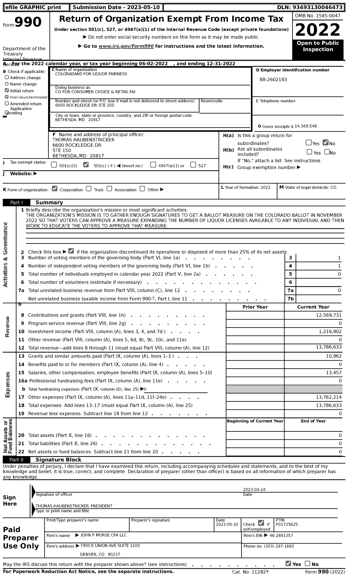 Image of first page of 2022 Form 990 for Coloradans for Liquor Fairness