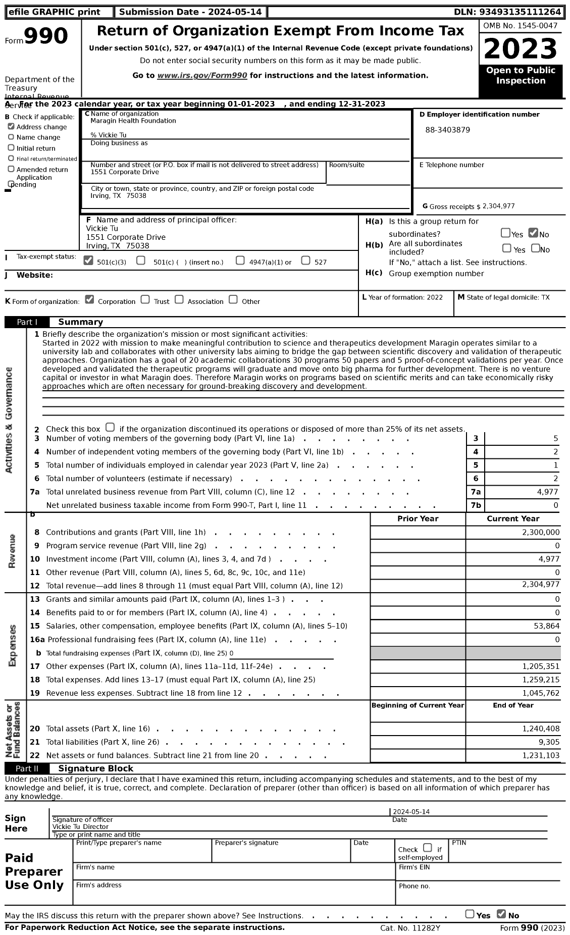 Image of first page of 2023 Form 990 for Maragin Health Foundation