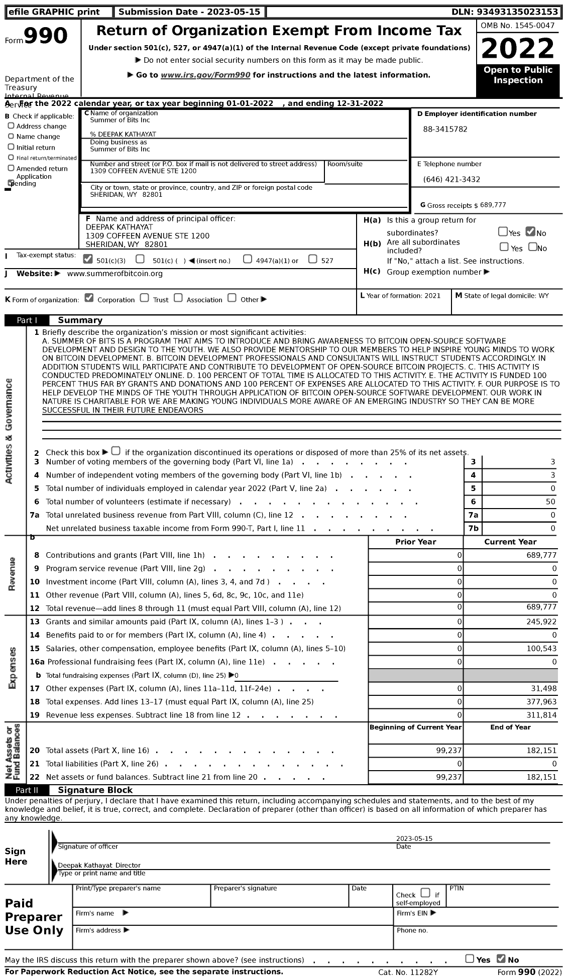 Image of first page of 2022 Form 990 for Summer of Bits