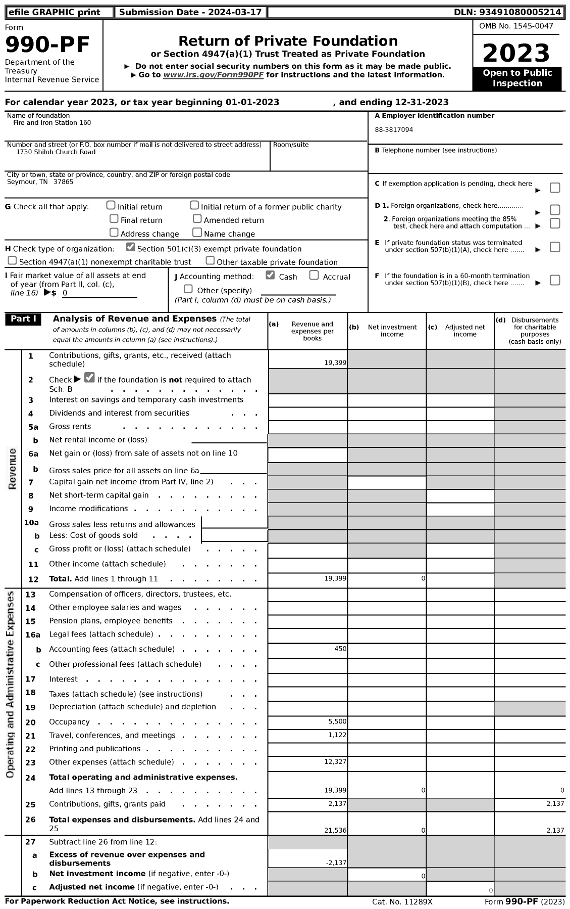 Image of first page of 2023 Form 990PF for Fire and Iron Station 160