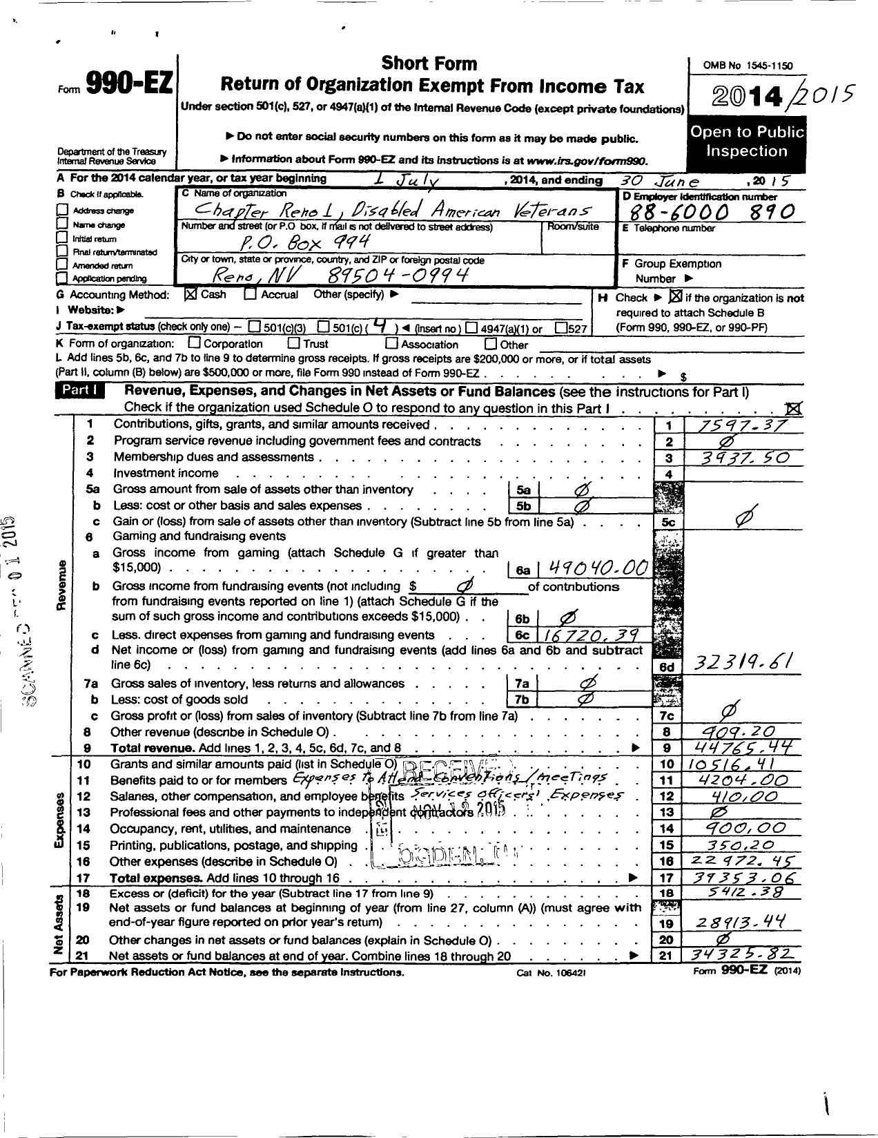 Image of first page of 2014 Form 990EO for Disabled American Veterans Reno Chapter 1