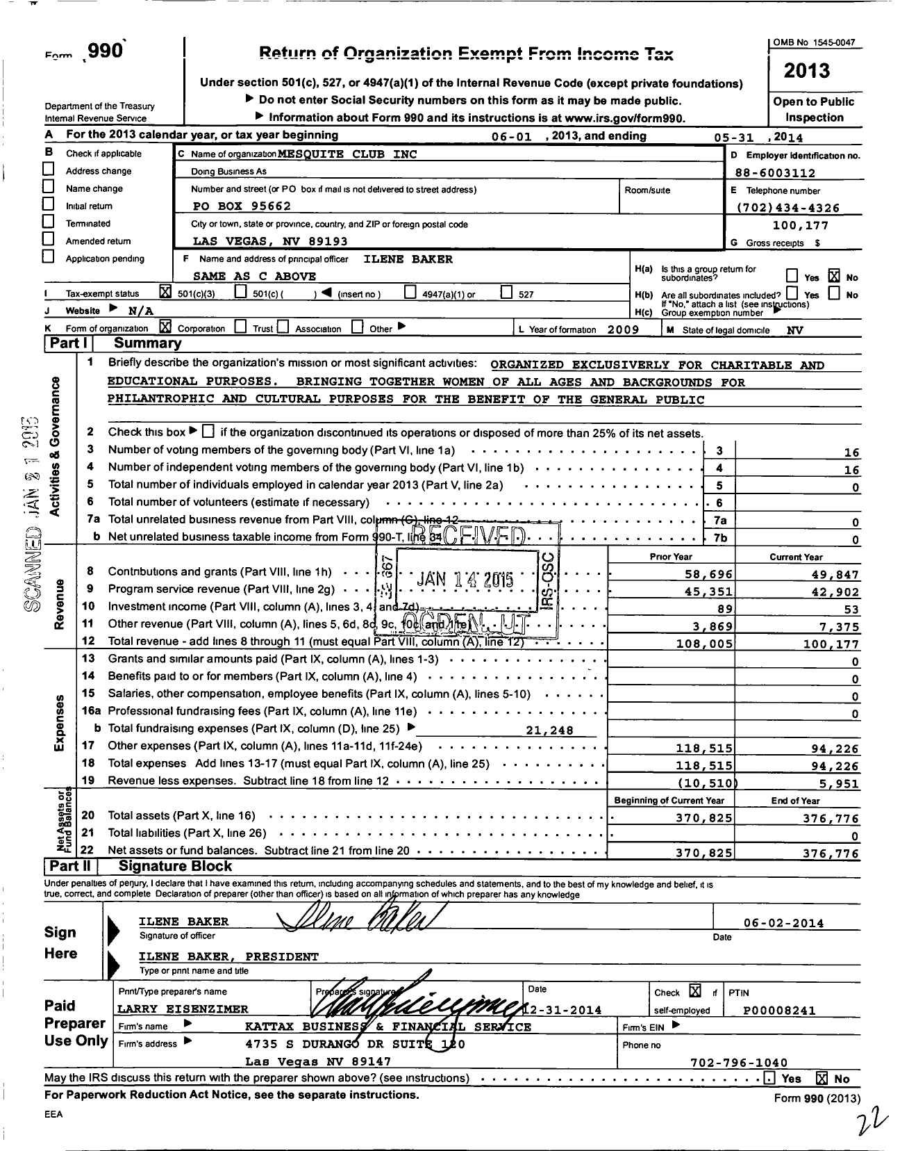 Image of first page of 2013 Form 990 for Mesquite Club