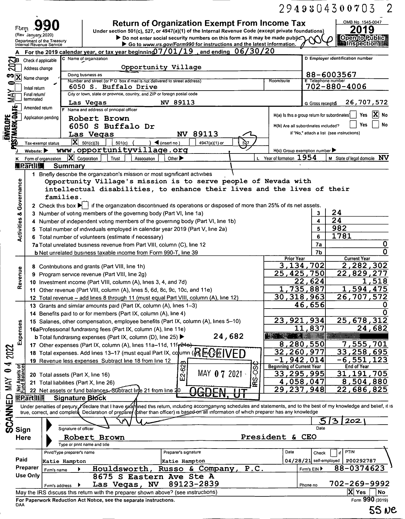 Image of first page of 2019 Form 990 for Opportunity Village