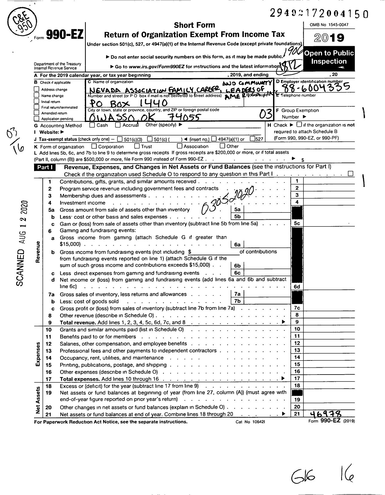 Image of first page of 2018 Form 990EZ for Family Career and Community Leaders of America / NV Fam Career and Comm LDRS of Amer