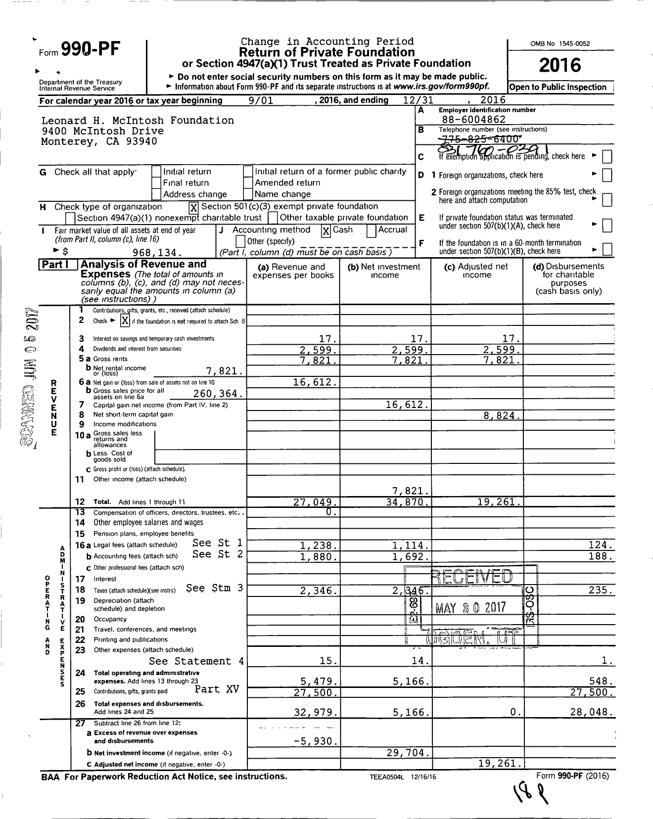 Image of first page of 2016 Form 990PF for Leonard H McIntosh Foundation