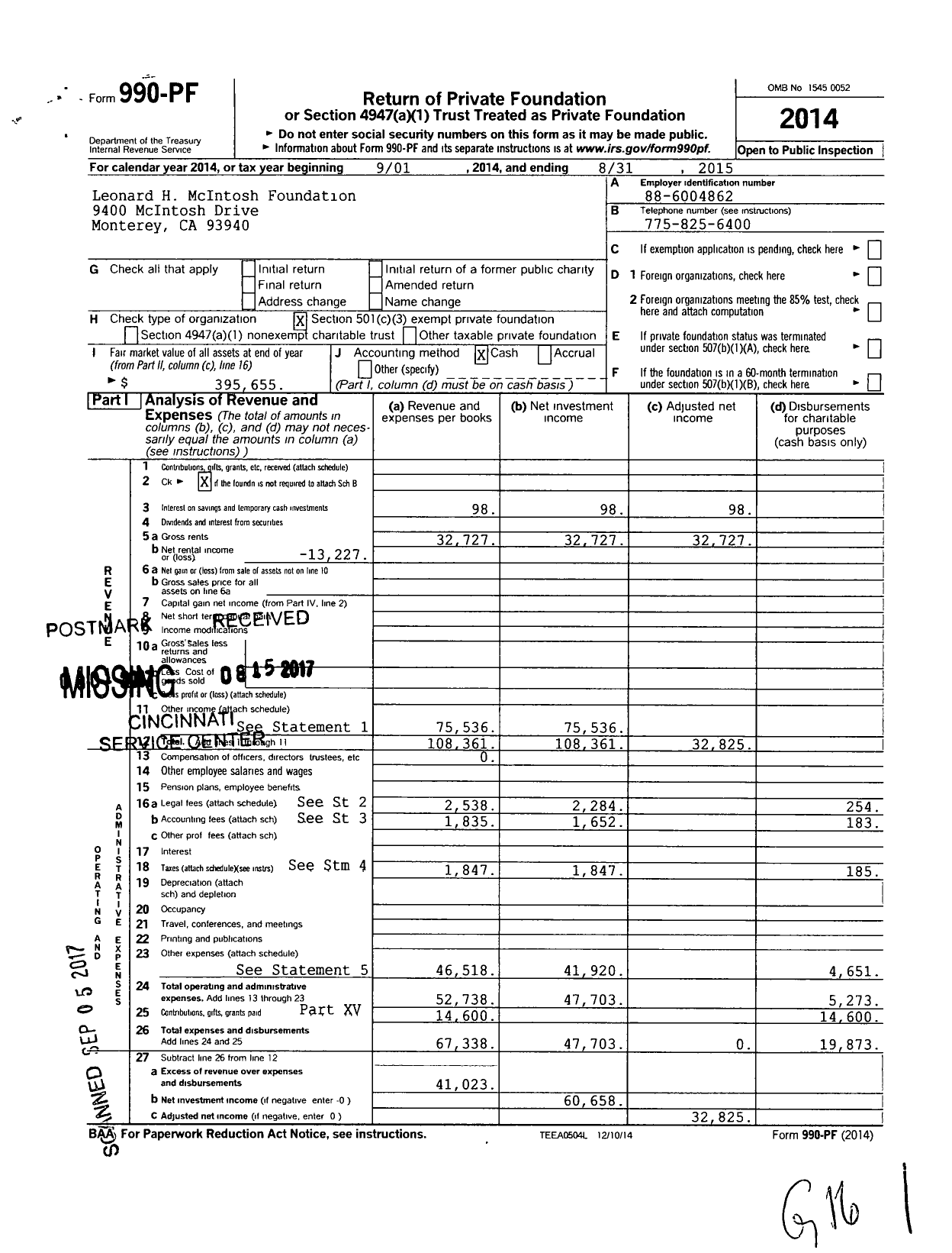 Image of first page of 2014 Form 990PF for Leonard H McIntosh Foundation