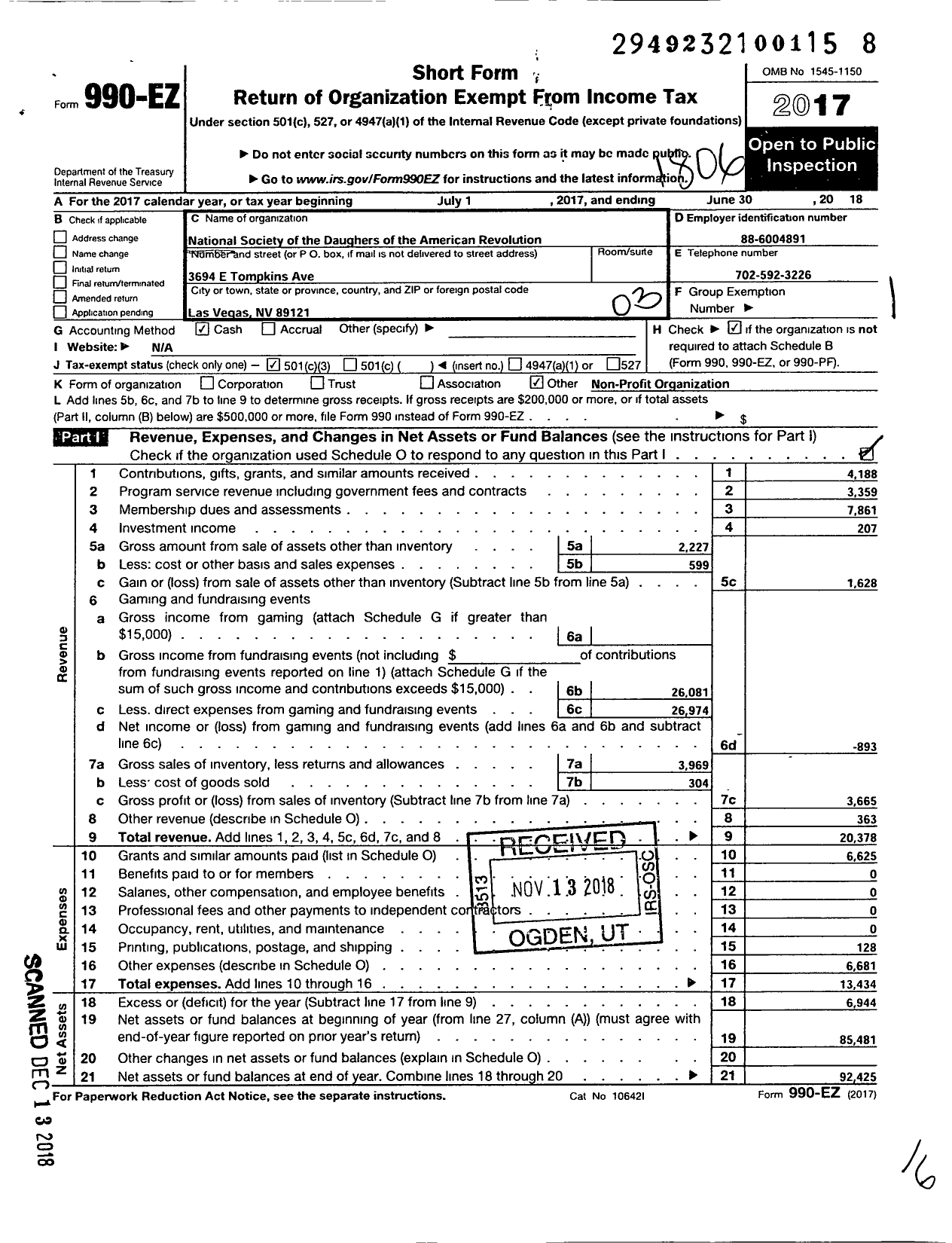 Image of first page of 2017 Form 990EZ for Daughters of the American Revolution - Nevada State Society Dar