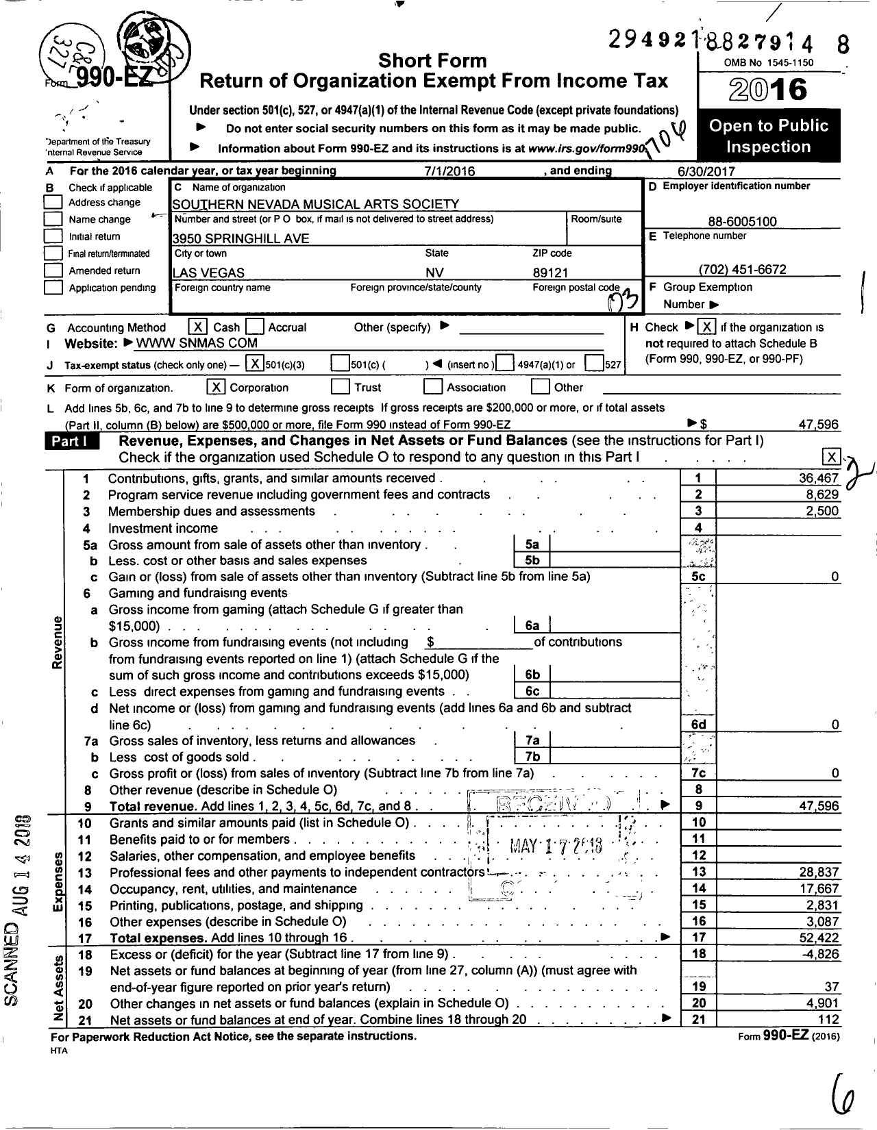 Image of first page of 2016 Form 990EZ for Southern Nevada Musical Arts Society