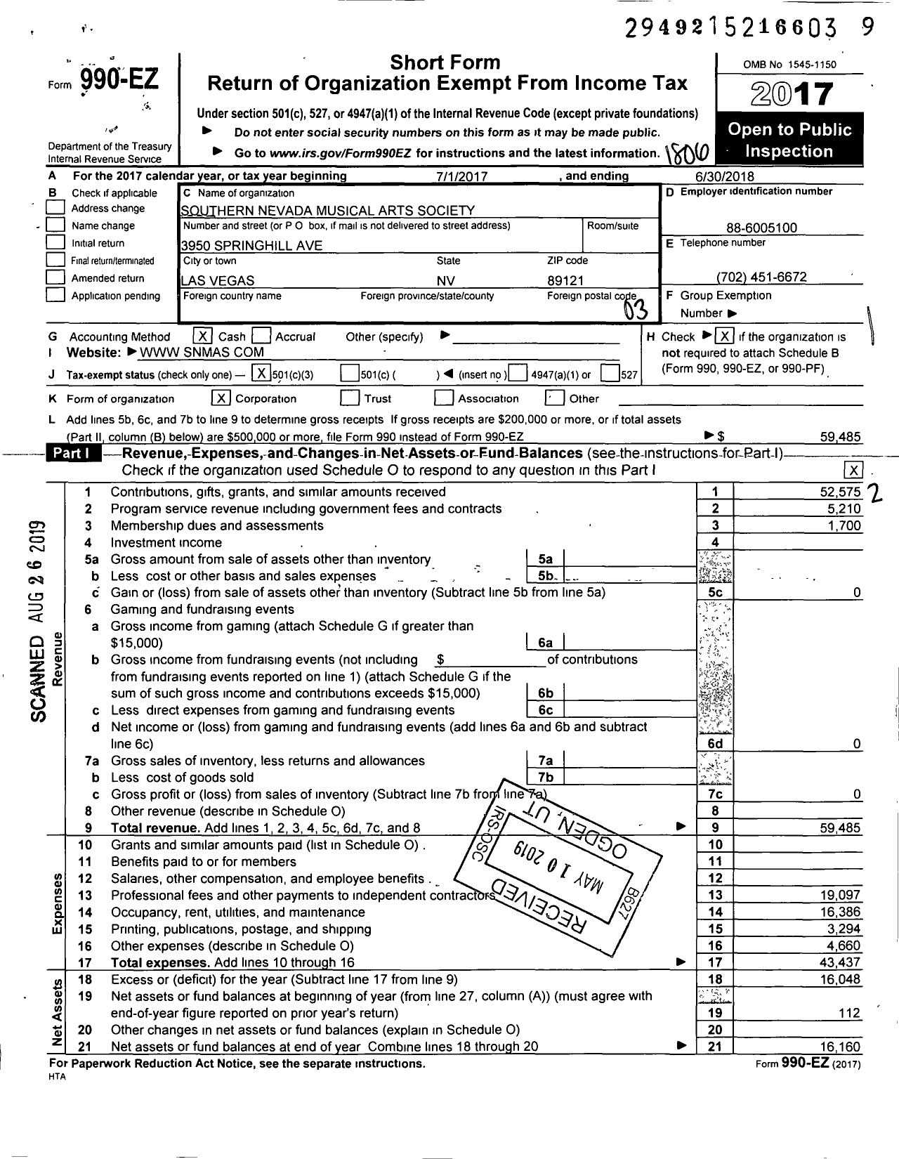 Image of first page of 2017 Form 990EZ for Southern Nevada Musical Arts Society