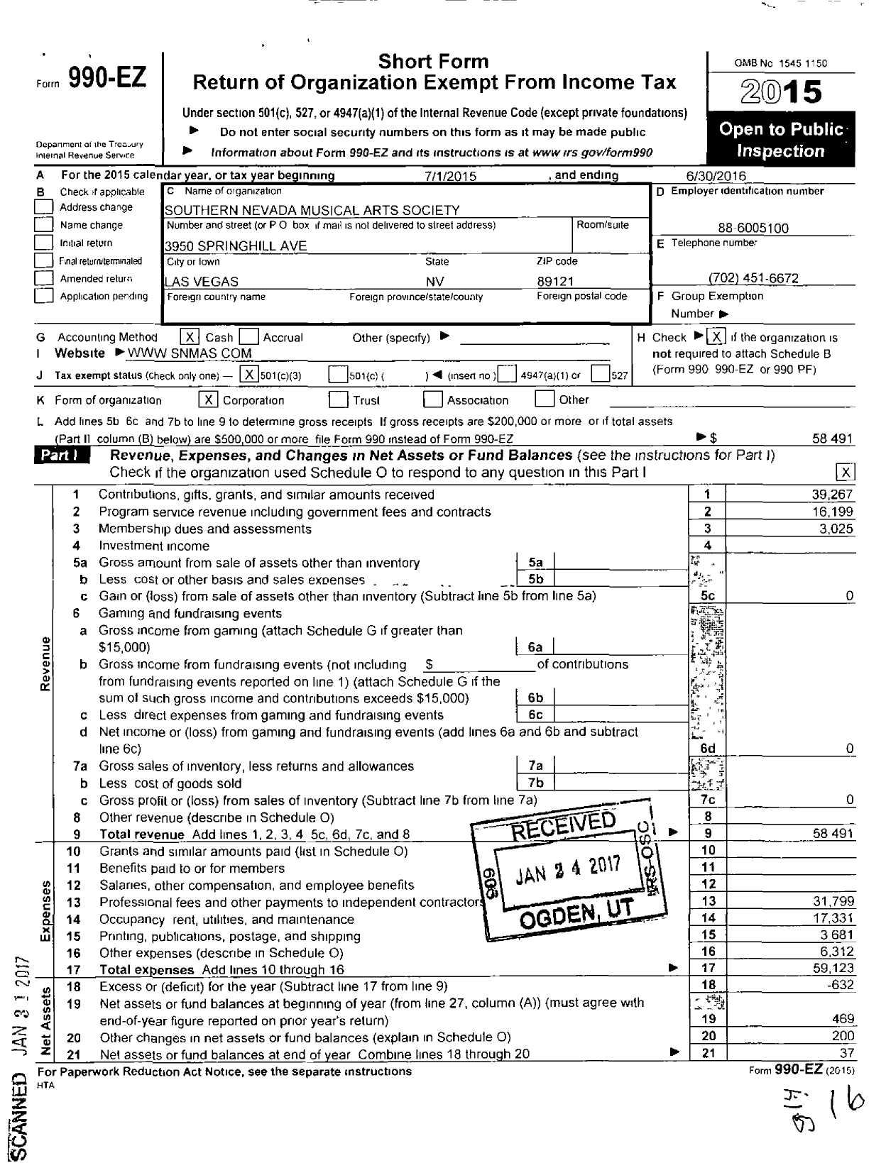 Image of first page of 2015 Form 990EZ for Southern Nevada Musical Arts Society