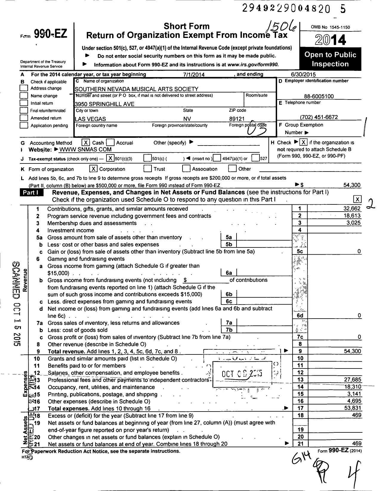 Image of first page of 2014 Form 990EZ for Southern Nevada Musical Arts Society