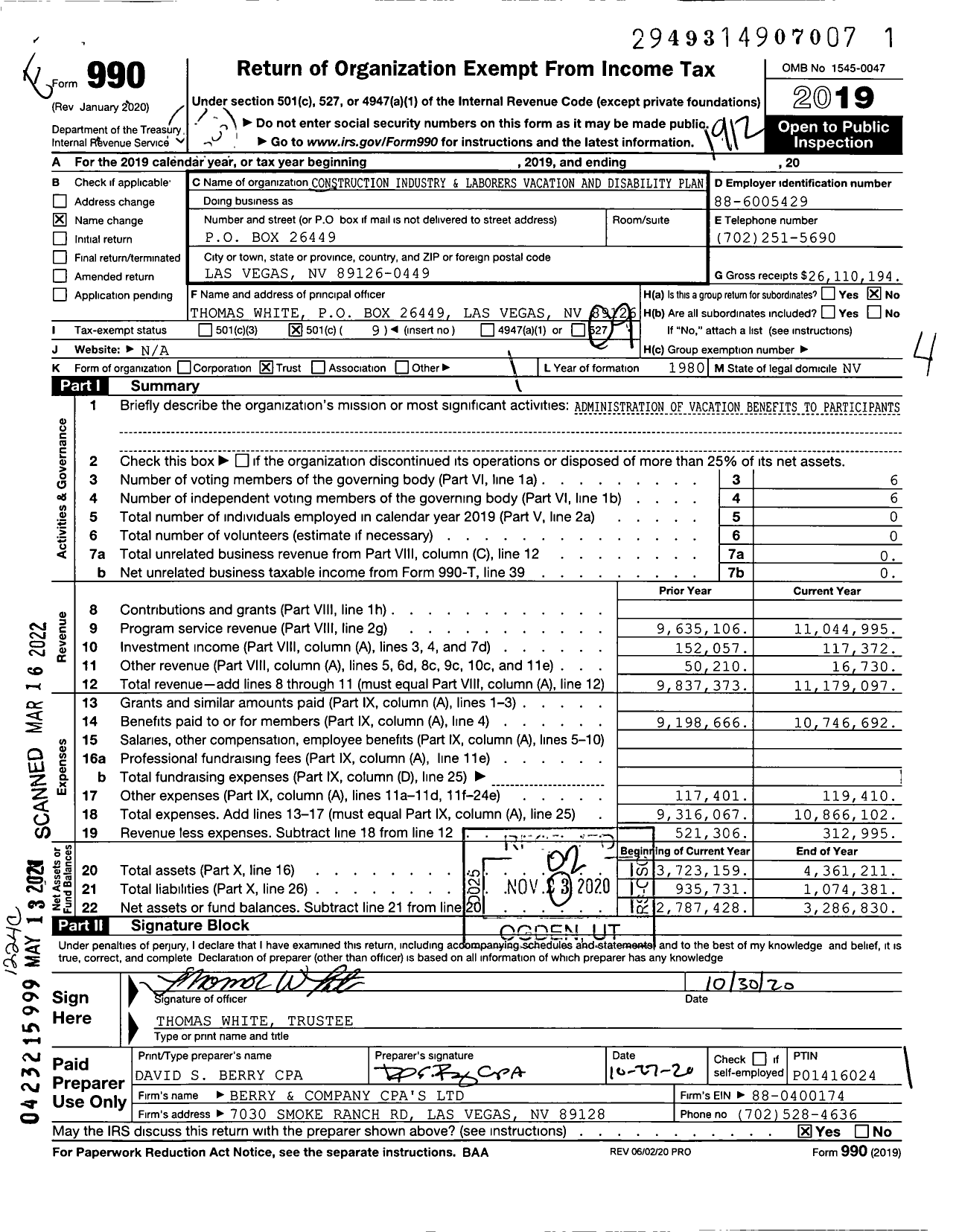 Image of first page of 2019 Form 990O for Construction Industry and Laborers Vacation and Disability Plan