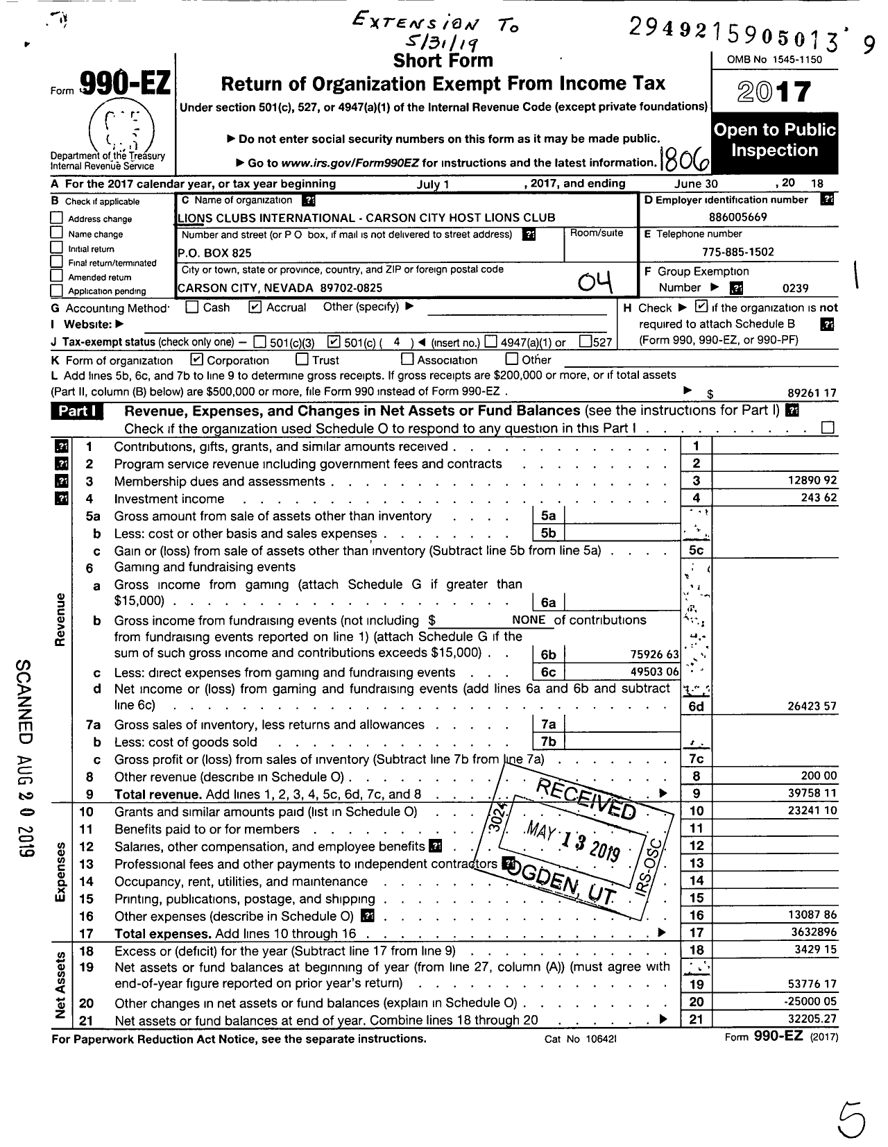 Image of first page of 2017 Form 990EO for LIONS CLUBS - 2750 Carson City Host