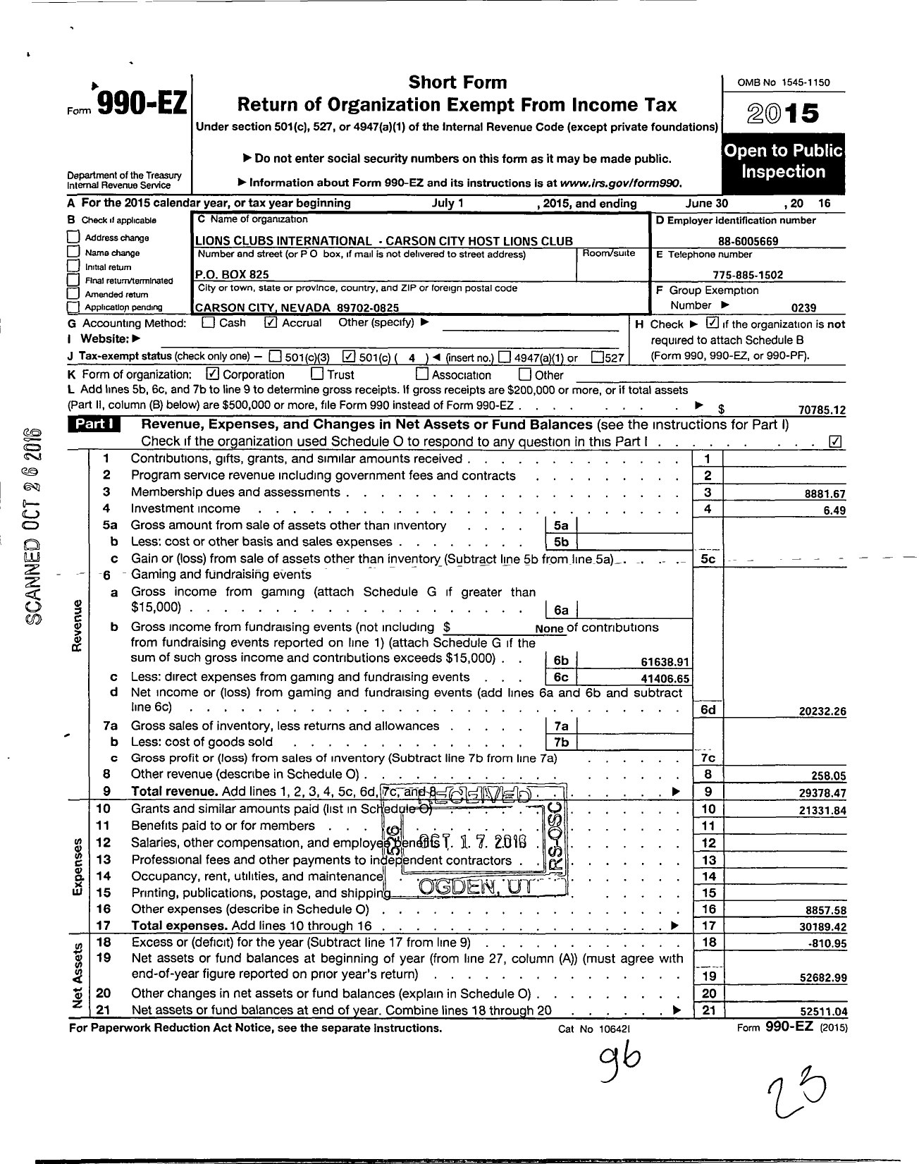 Image of first page of 2015 Form 990EO for LIONS CLUBS - 2750 Carson City Host