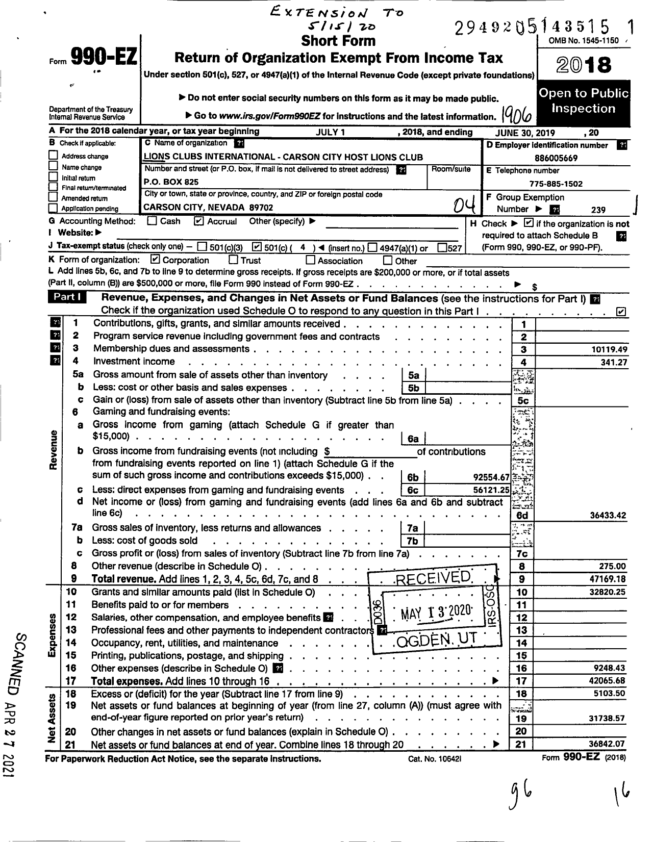 Image of first page of 2018 Form 990EO for LIONS CLUBS - 2750 Carson City Host