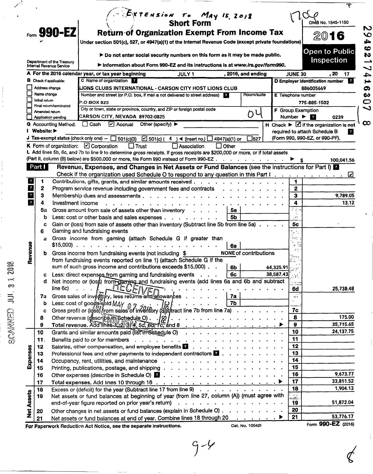 Image of first page of 2016 Form 990EO for LIONS CLUBS - 2750 Carson City Host