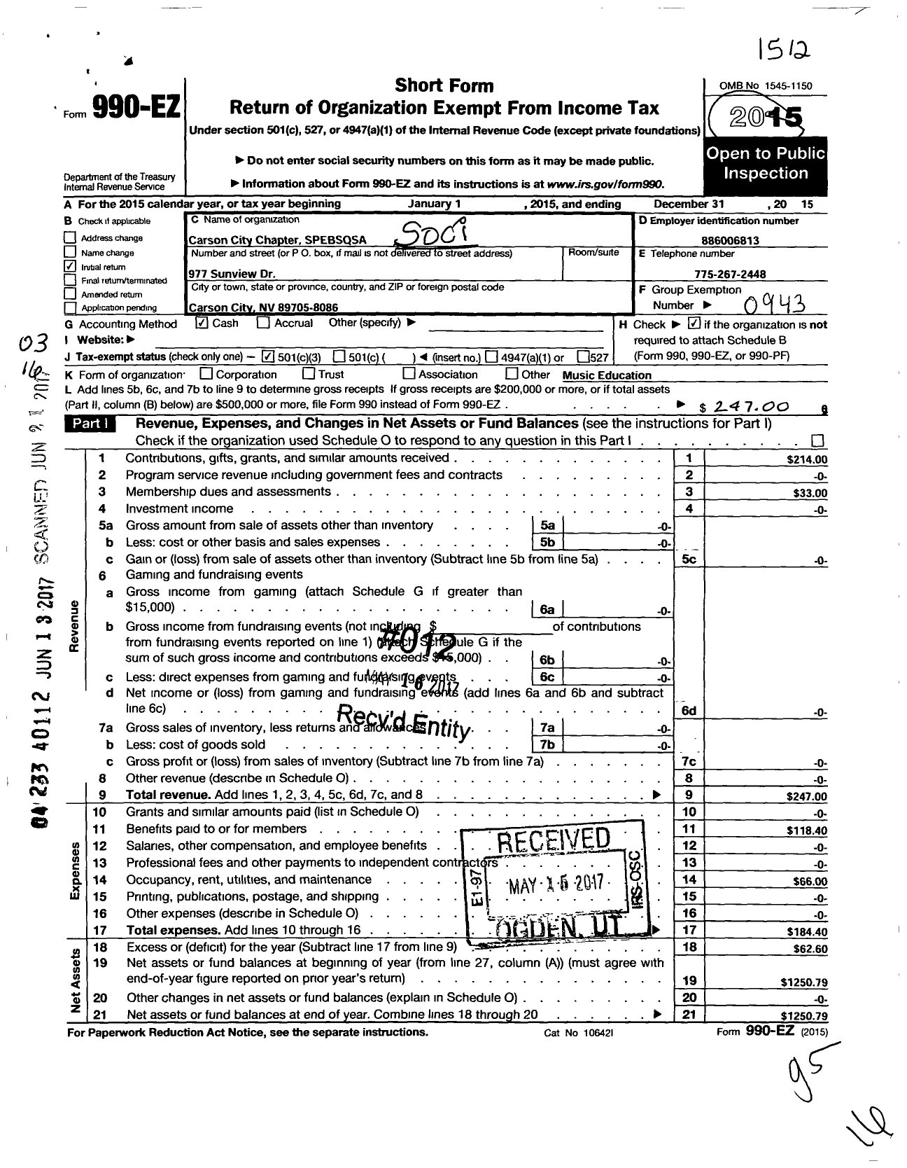 Image of first page of 2015 Form 990EZ for Barbershop Harmony Society - D033 Carson City Chapter