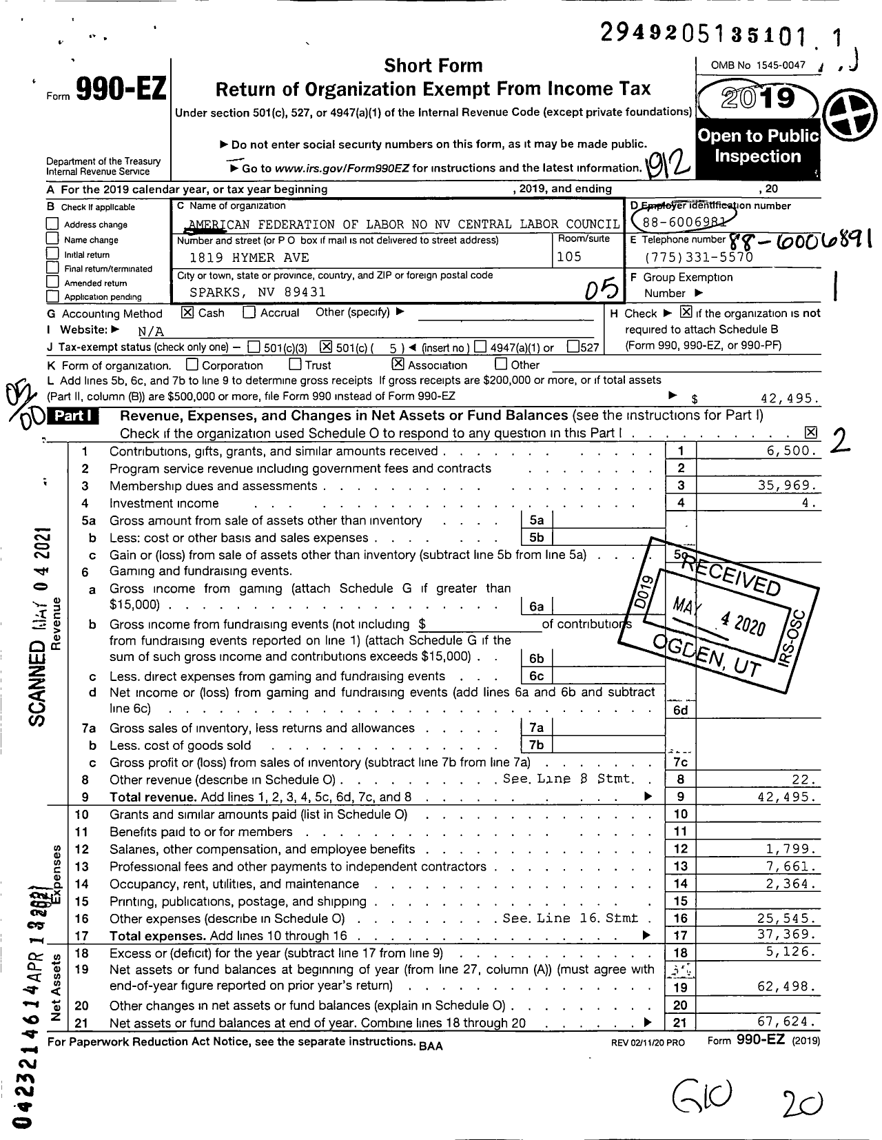 Image of first page of 2019 Form 990EO for AFL-CIO - Northern Nevada Central Labor