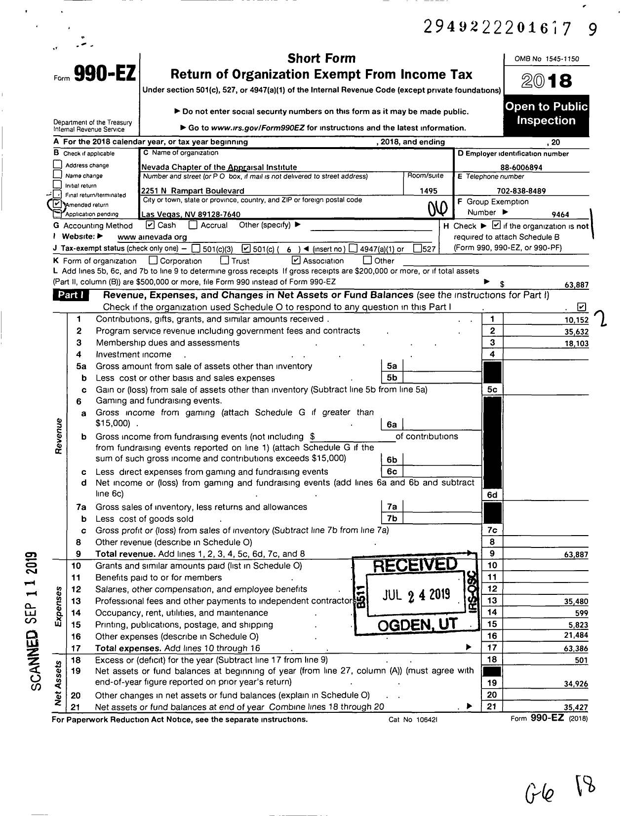 Image of first page of 2018 Form 990EO for Nevada Chapter of the Appraisal Institute